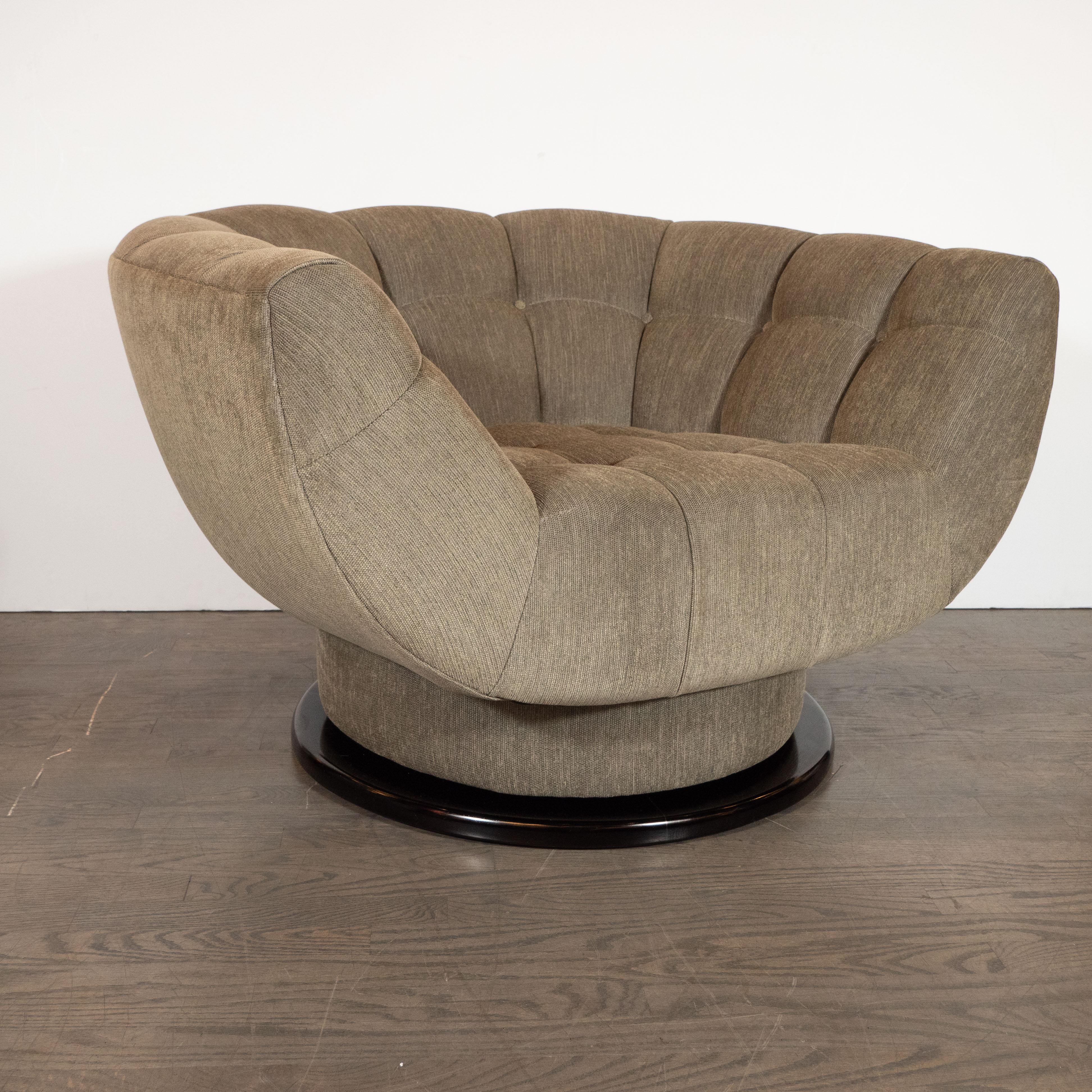 Midcentury Biscuit Tufted Swivel Chair in Smoked Sage Fabric by Adrian Pearsall In Excellent Condition In New York, NY