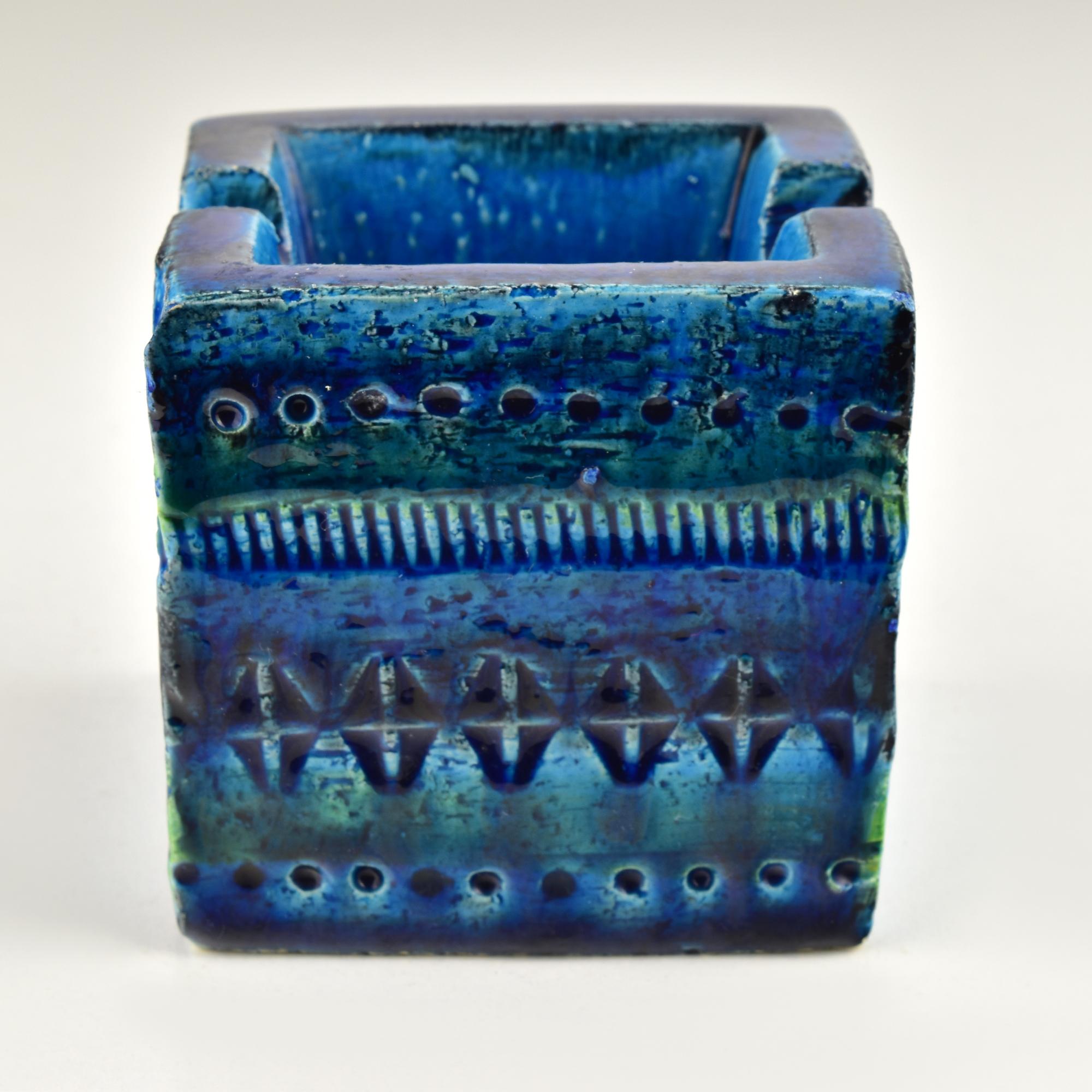 Mid-Century Bitossi Aldo Londi Cubus Aschenbecher, Rimini Blue Glaze (Italienisch) im Angebot