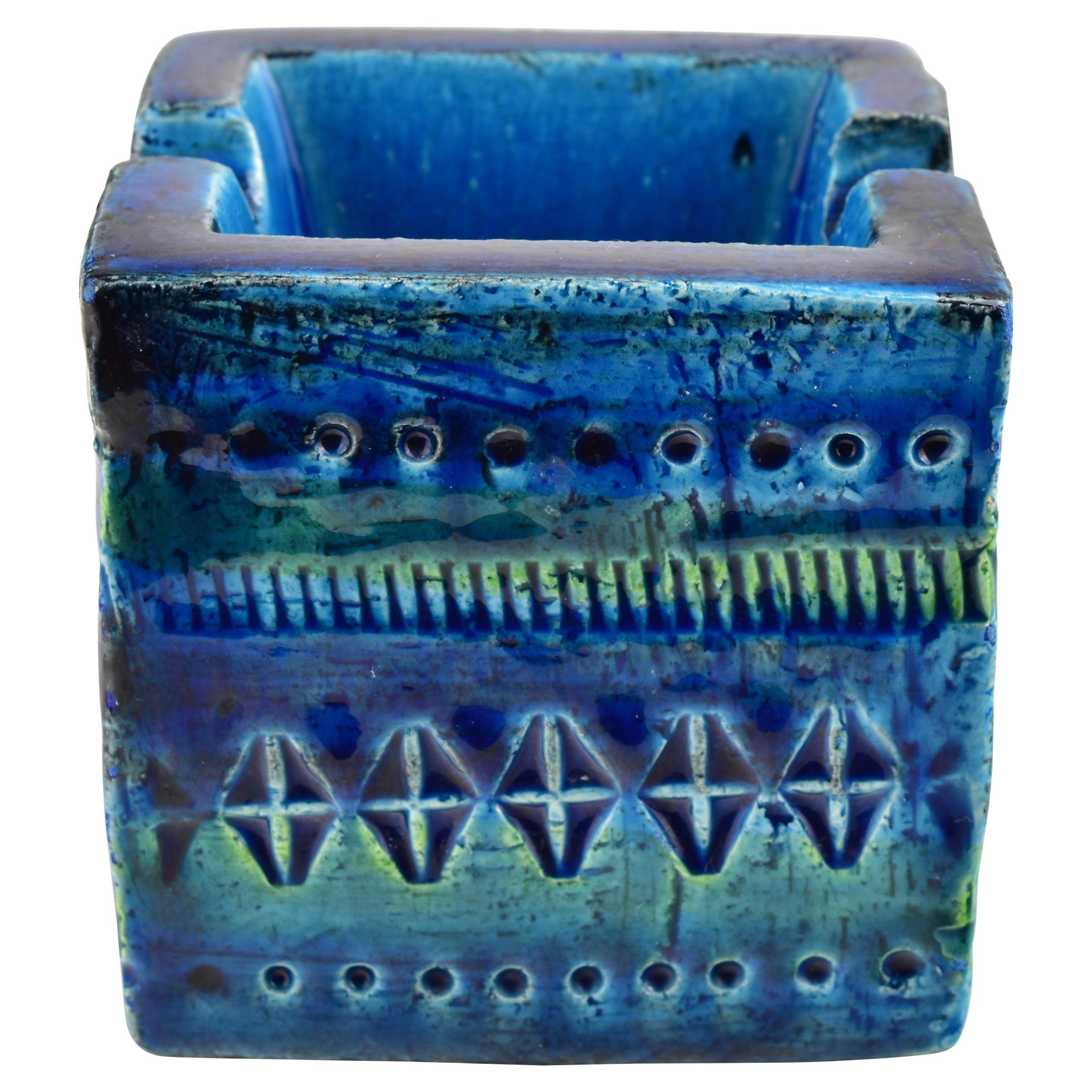 Mid-Century Bitossi Aldo Londi Cubus Aschenbecher, Rimini Blue Glaze im Angebot