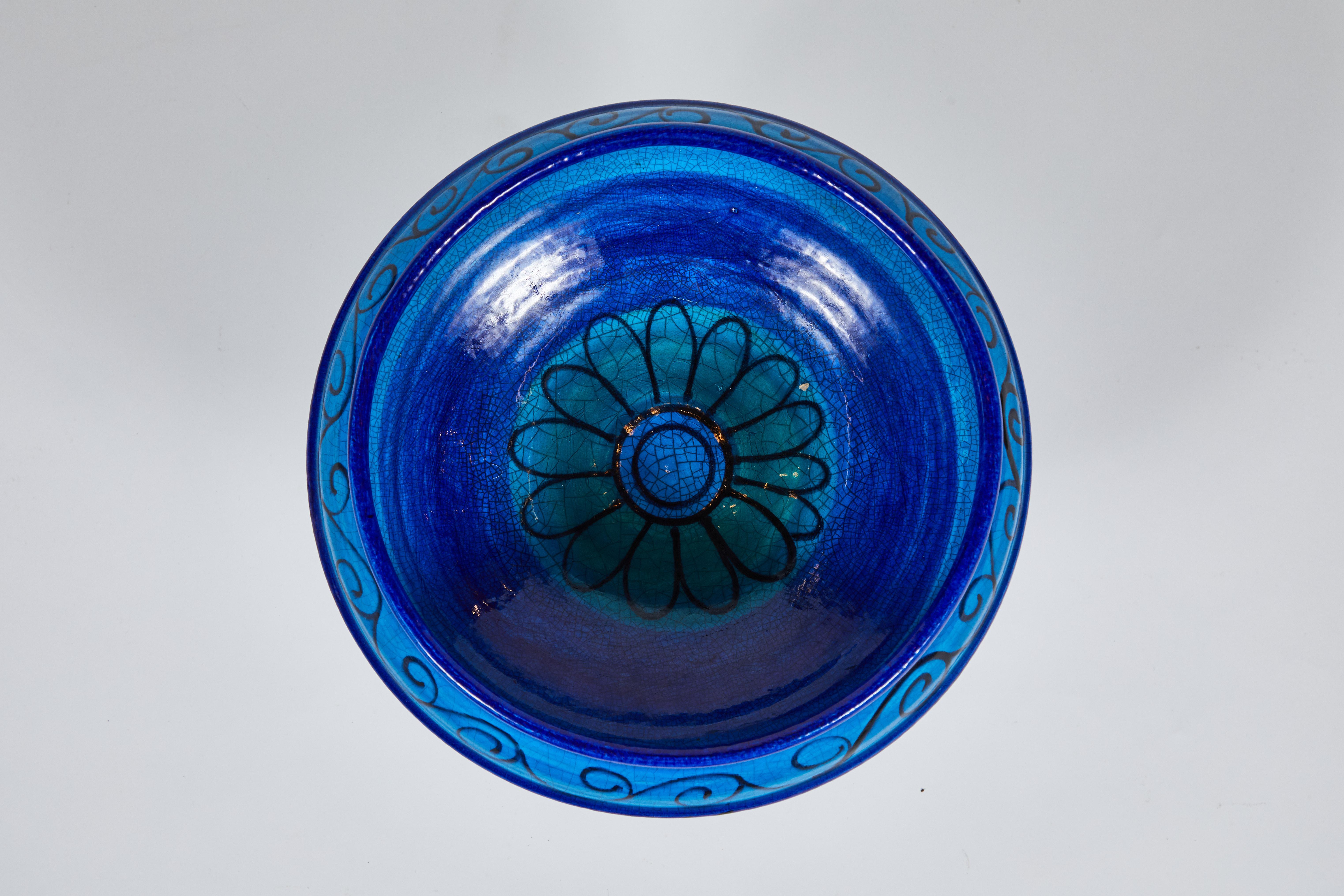 Molded Midcentury Bitossi Italy Tall Footed Bowl in Cobalt Blue