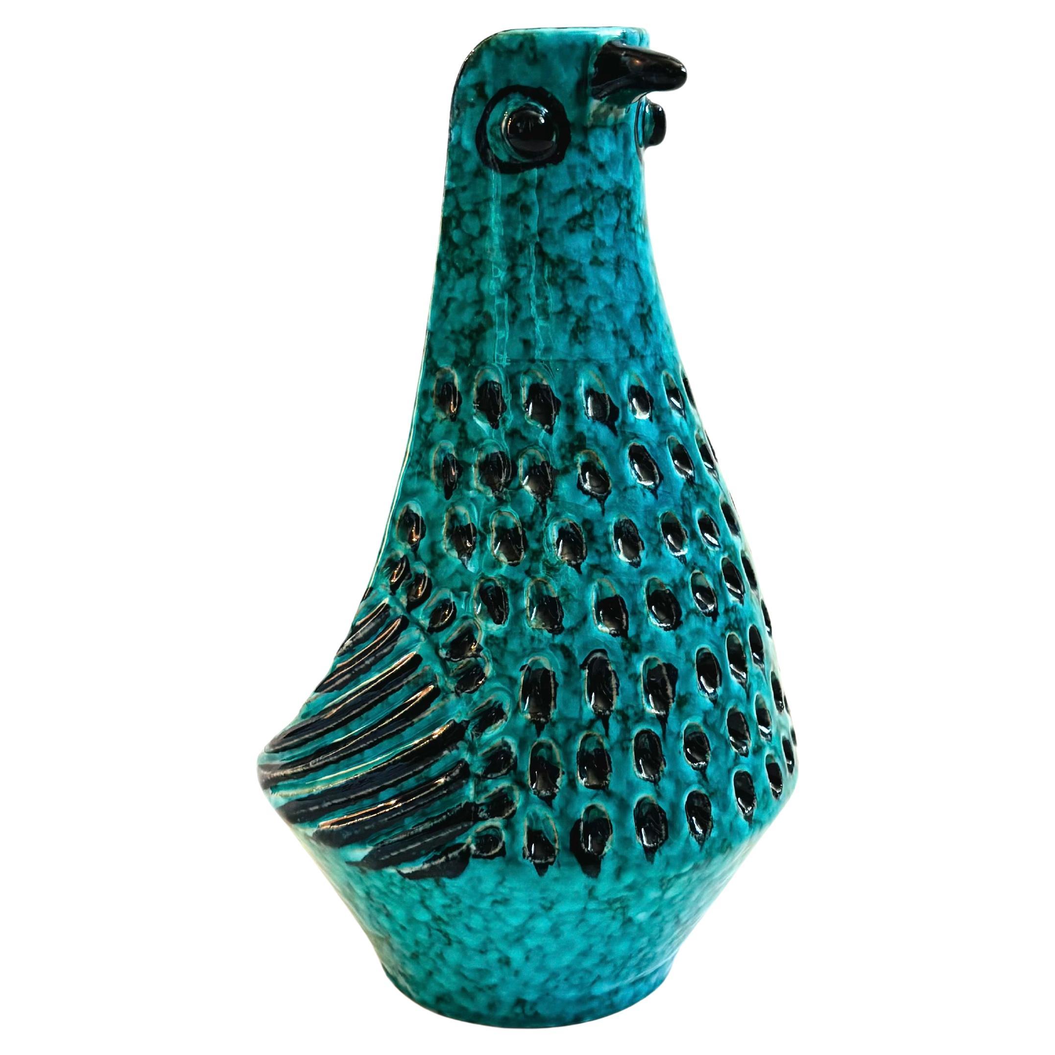 Bougeoir à oiseaux en poterie d
art bleue Bitossi du milieu du siècle