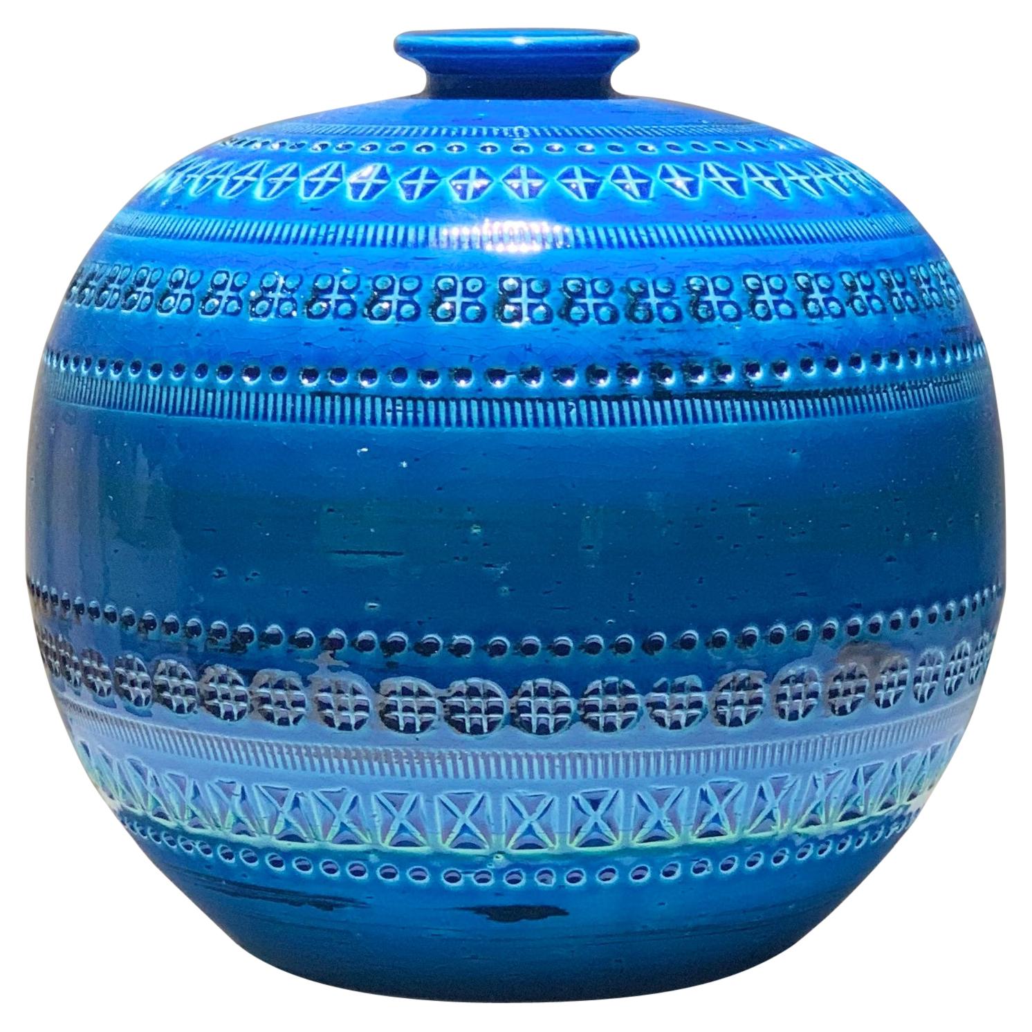 MidCentury Bitossi Rimini Blue Ceramic Ball Vase, Aldo Londi, Italy