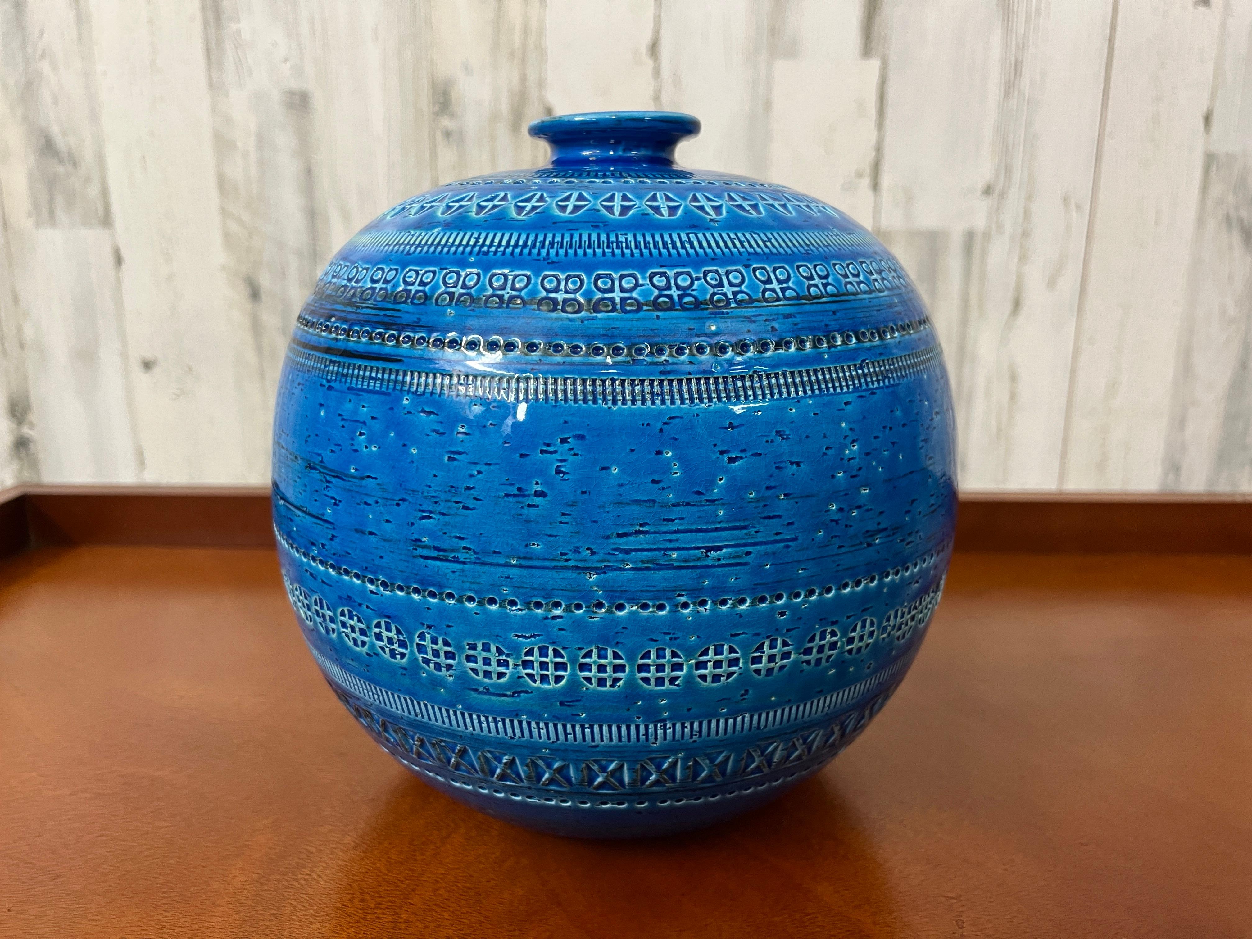 Over sized beautiful pottery vase with a lovely green, turquoise and blue glaze from the 1960s, designed by Aldo Londi and executed by Bitossi Italy.Originally sold at Neiman Marcus  In excellent condition.