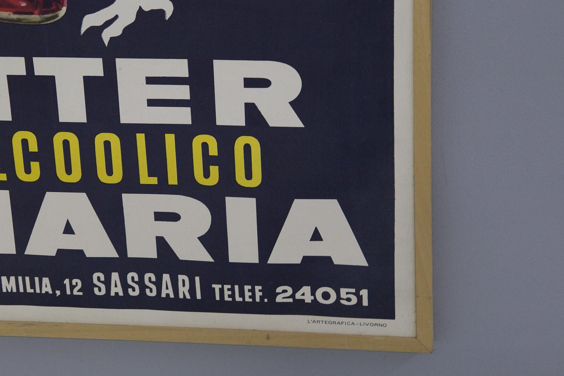 Rare vintage advertising poster of Bitter S. Maria from the 1950s.
The poster has a rather small rectangular shape, with a wooden frame that allows it to be hung. The poster was sponsored and produced by the Livorno-based company Artegrafica. In