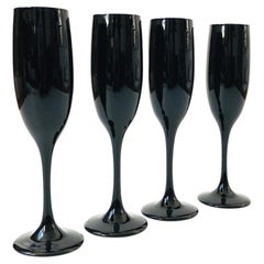 Mid Century Black Amethyst Champagne Flutes, Set of 4