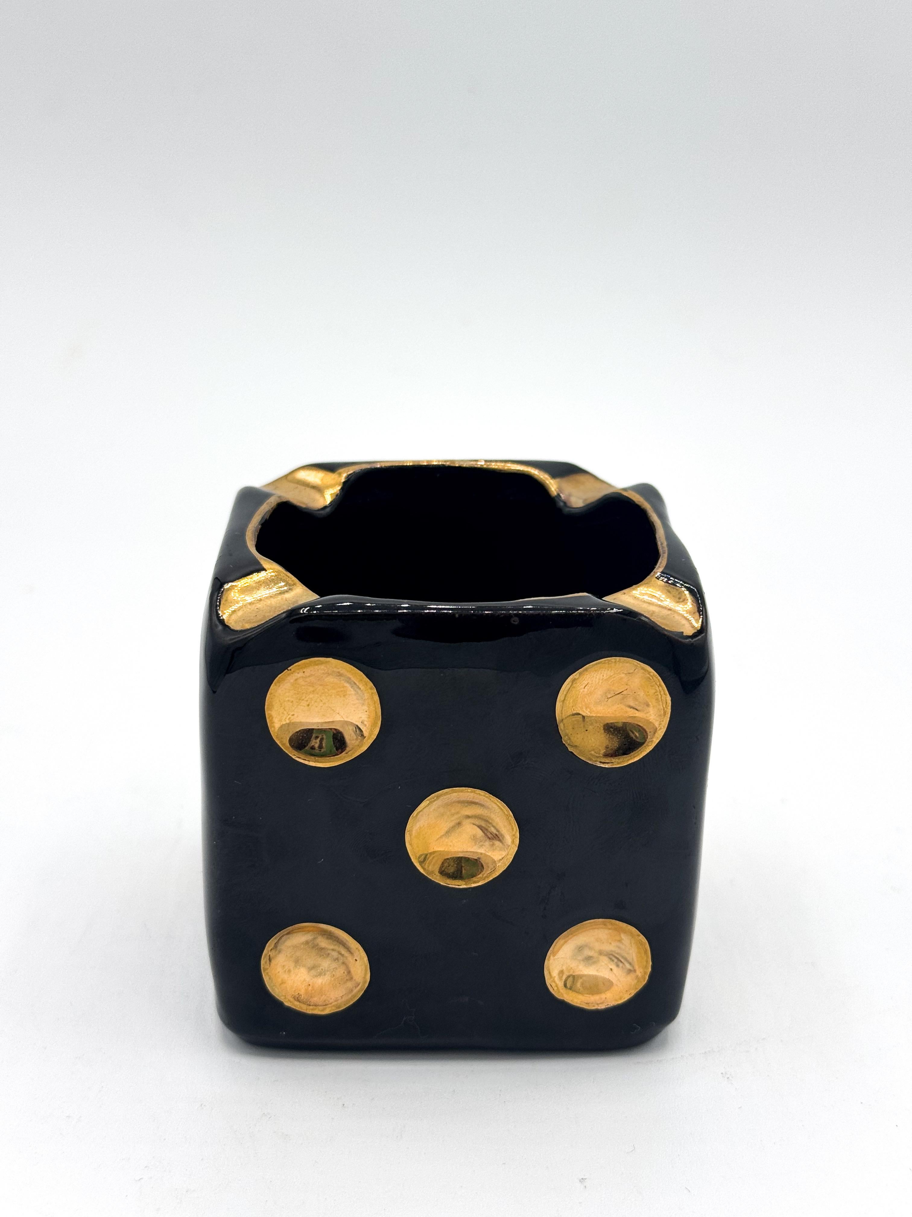Mid-Century Modern Mid-Century Black and Gold Dice Ashtray, 1950s Ceramic Tabletop Object For Sale