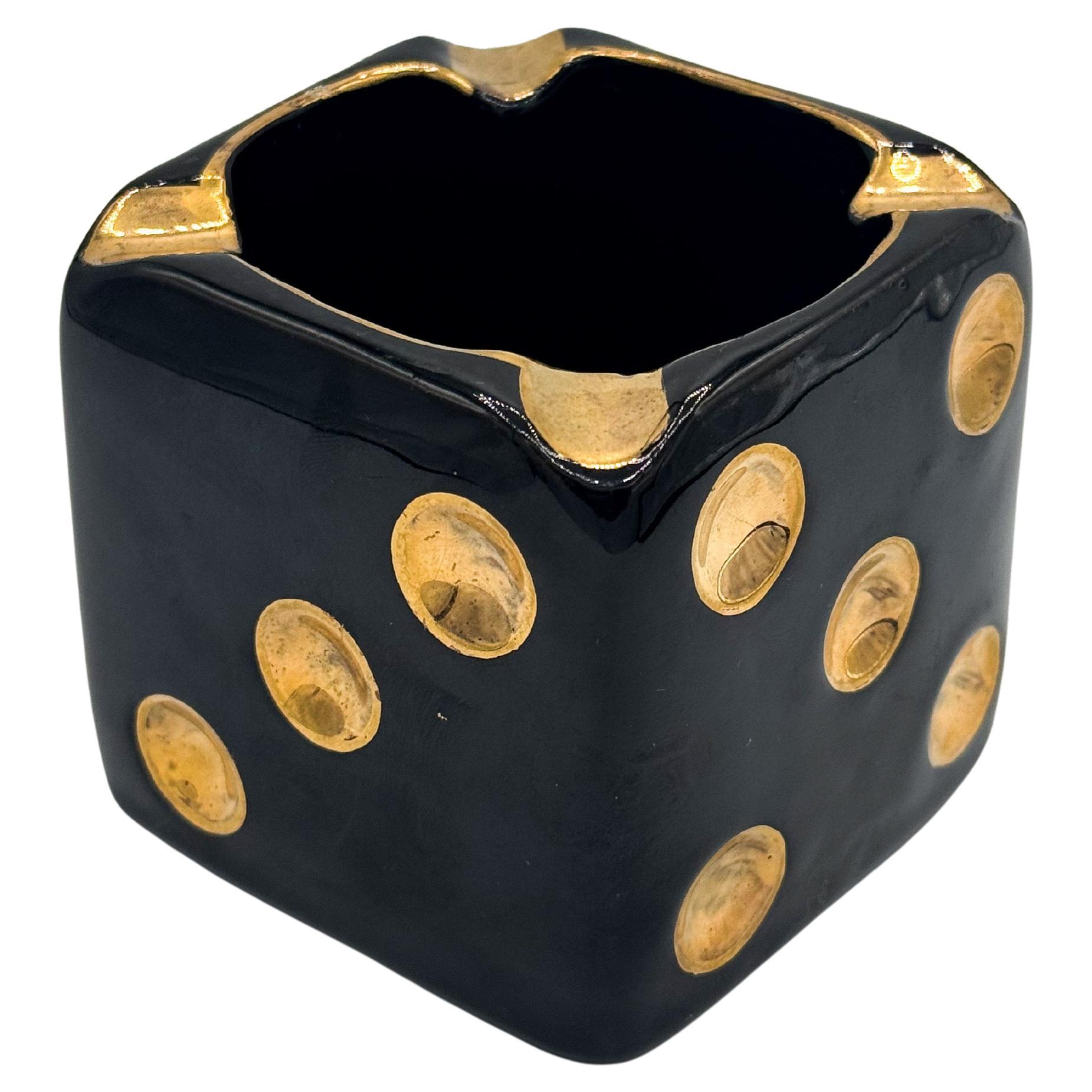 Mid-Century Black and Gold Dice Ashtray, 1950s Ceramic Tabletop Object For Sale