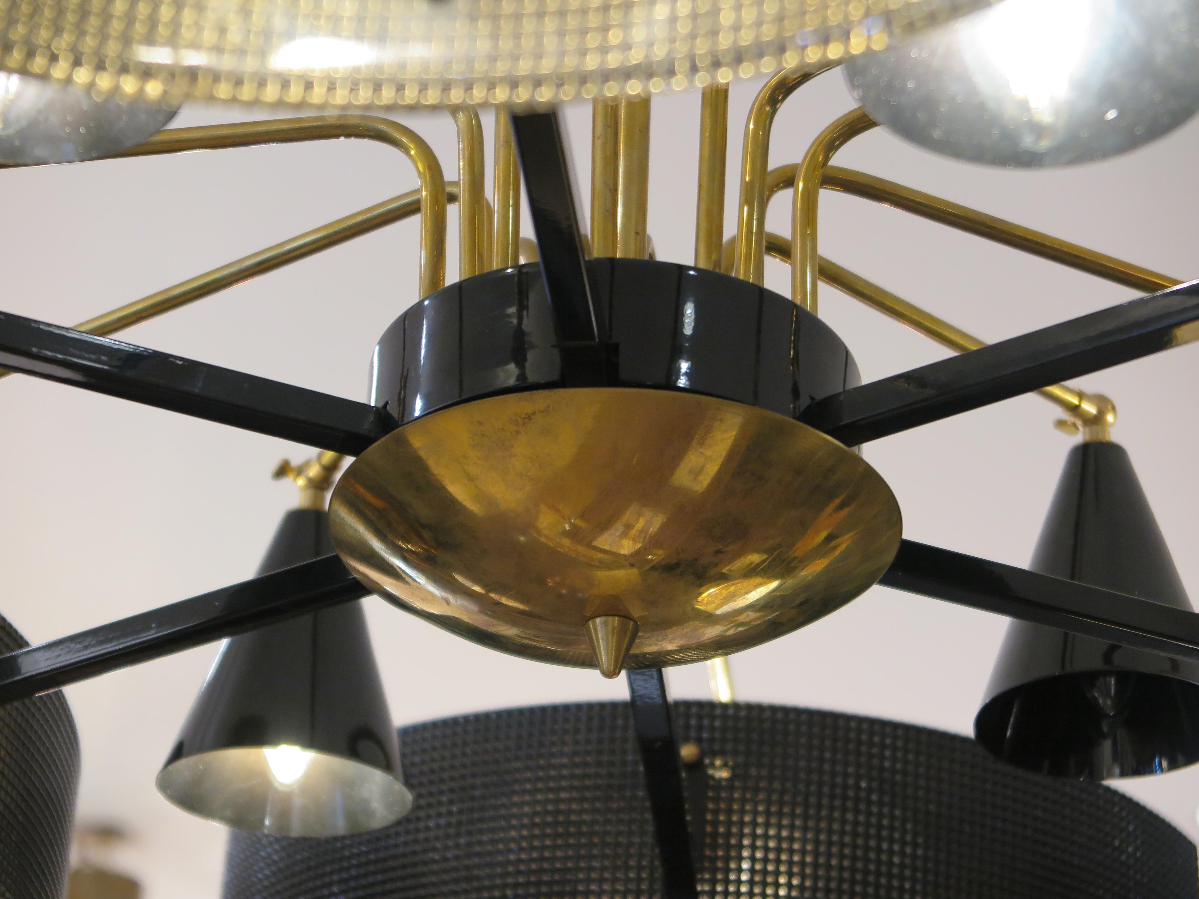 Brass Mid-Century Black and Gold Murano Glass Chandelier  For Sale