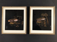 Mid Century Black and Gold Rickshaw Japanese Style Scenic Signed, Pair