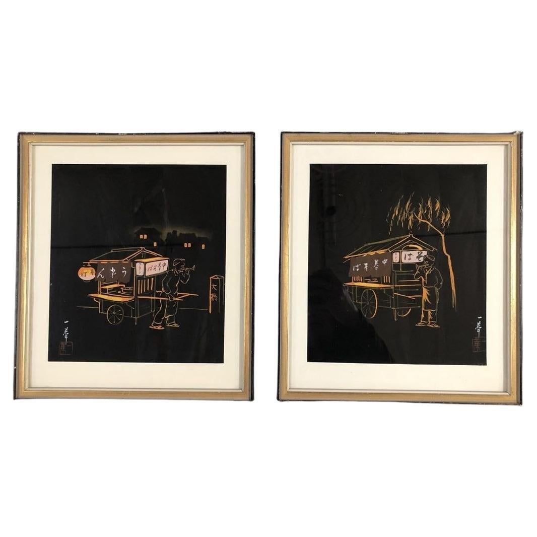 Mid Century Black and Gold Rickshaw Japanese Style Scenic Signed, Pair For Sale