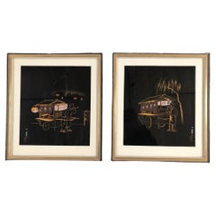 Paire de pousse-pousse noir et or de style japonais signé, milieu de siècle