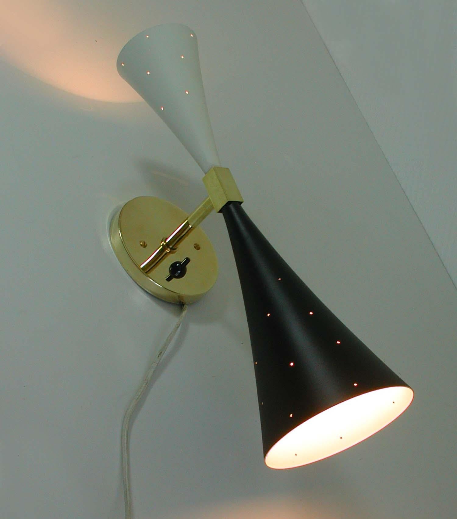 Midcentury Black and White Double Cone Diabolo Wall Light Sconce 2
