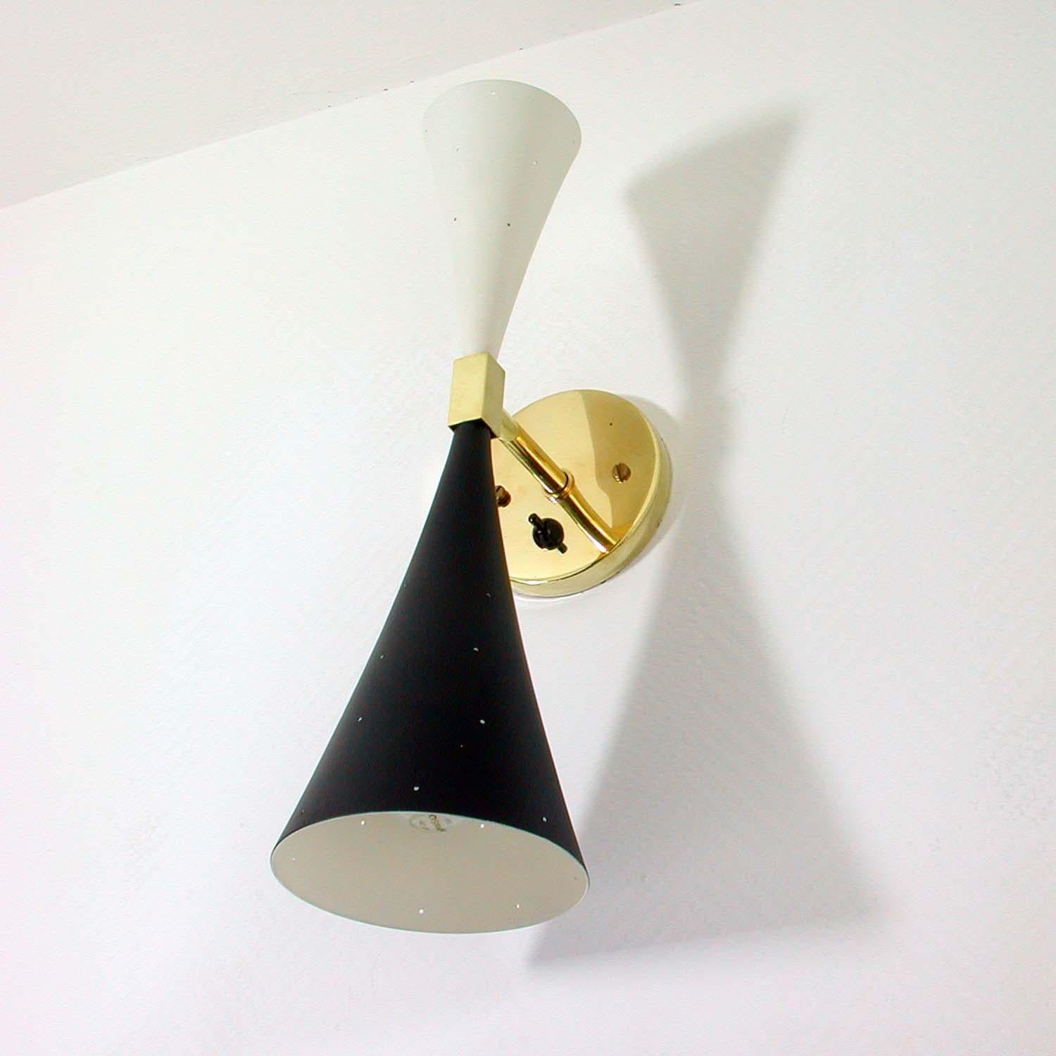 Lacquered Midcentury Black and White Double Cone Diabolo Wall Light Sconce