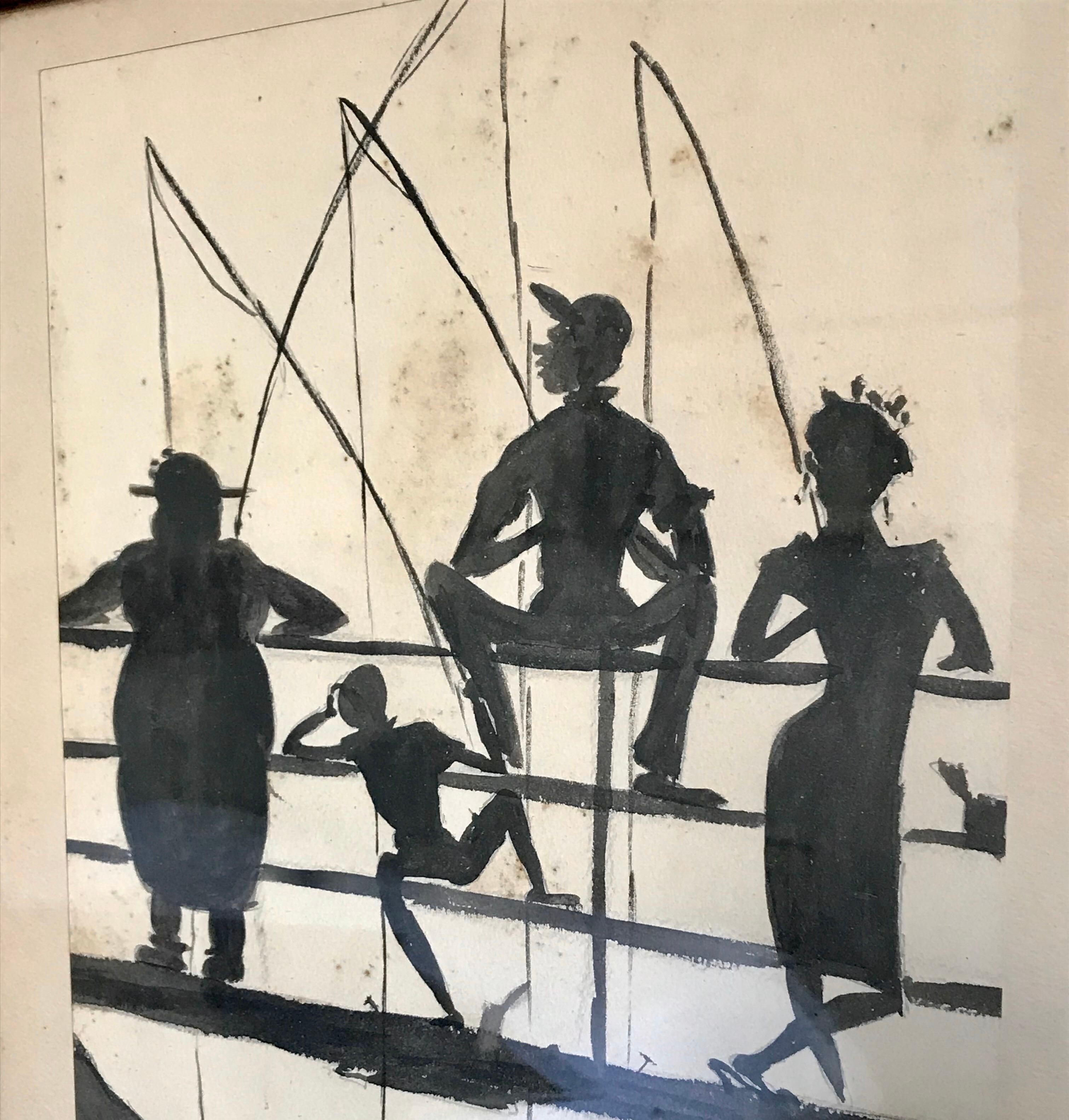 Nice black art watercolor depicting a family or friends fishing off a bridge, signed by the artist, Marcia, 1949.