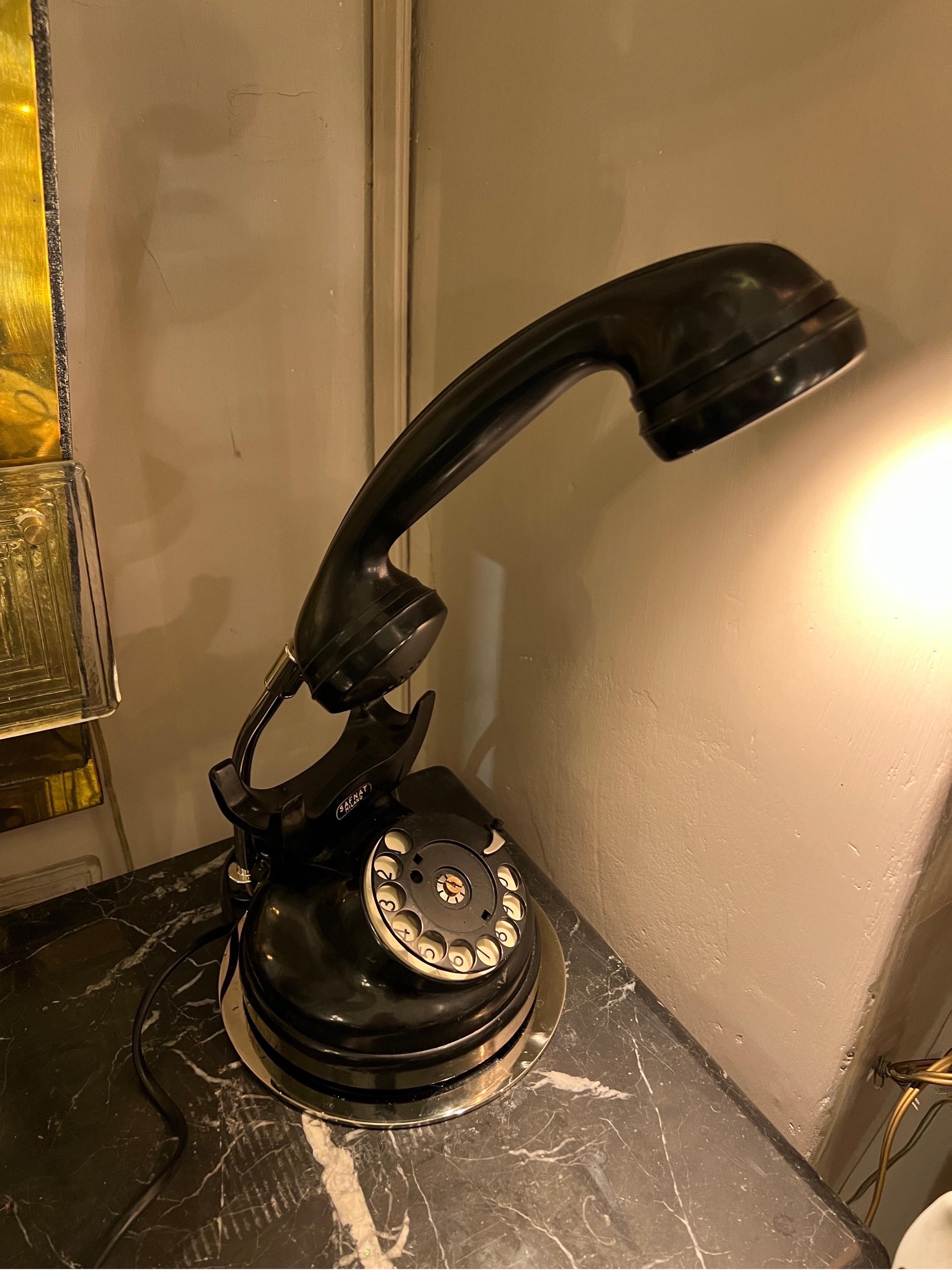 Brass Mid-Century Black Bakelite Telephone Table Lamp, 1950 For Sale