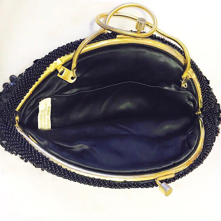 Women's Mid-Century Black Beaded Evening Handbag/Foldaway Clutch For Sale