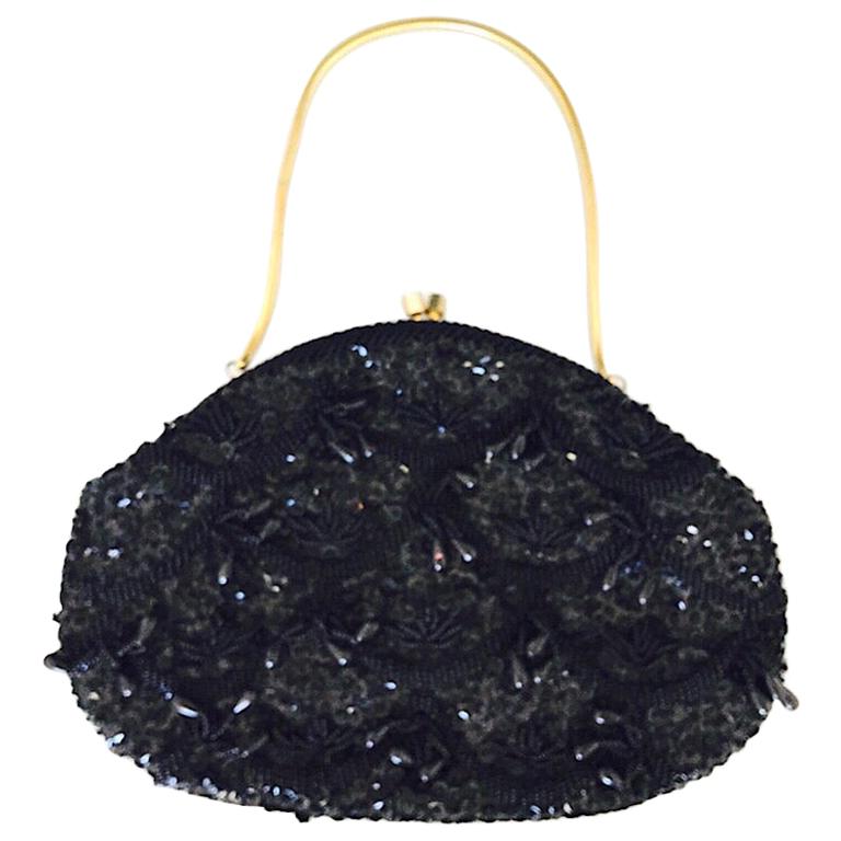 Mid-Century Black Beaded Evening Handbag/Foldaway Clutch For Sale