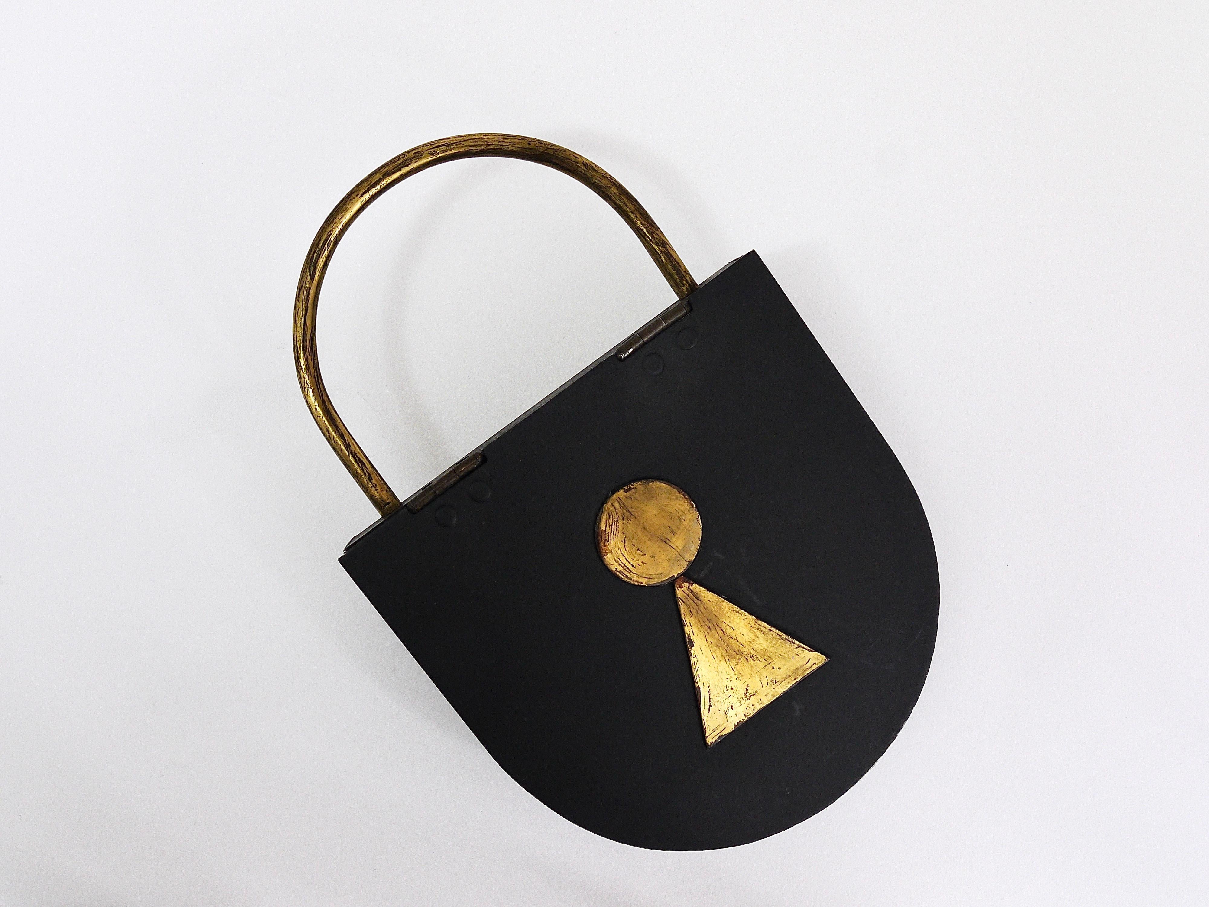 Mid-Century Modern Midcentury Black Brass Padlock Key Hanger, Austria, 1950s