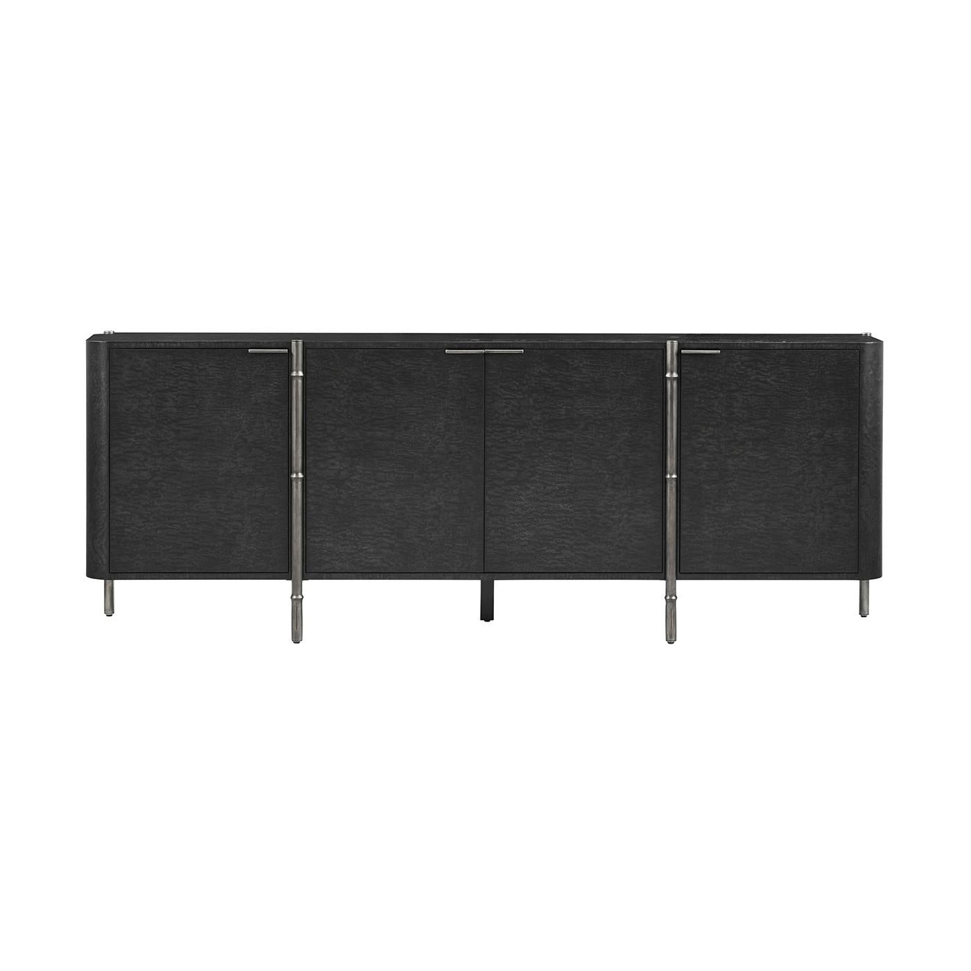 Burl Wood Sideboard, which seamlessly combines contrasting finishes for a sophisticated touch. Featuring a luxurious Black Tamo ash veneer and an organic metal base, this piece is designed to be a striking focal point in any dining