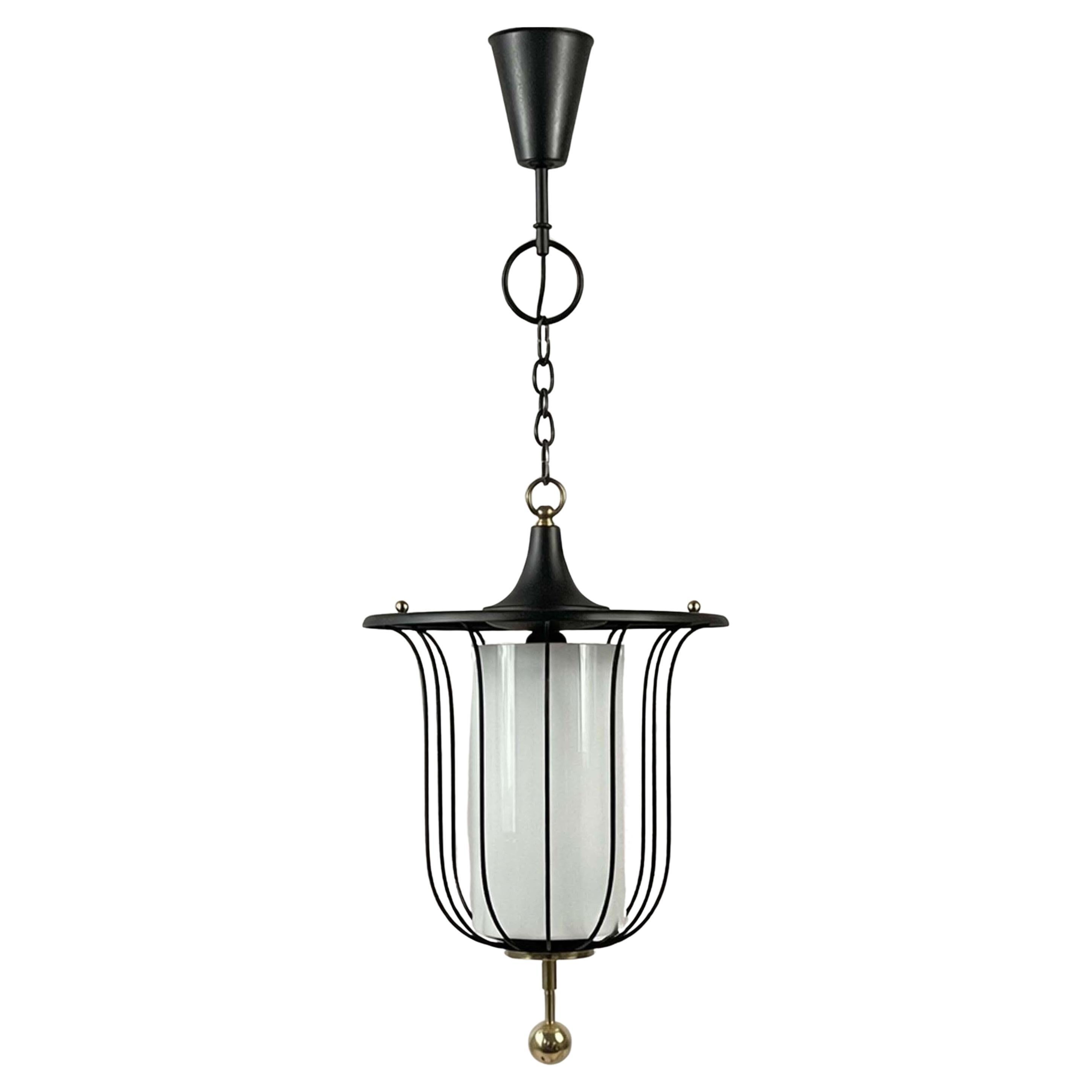 Mid Century Black Caged Lantern Pendant, Brass 
Milk Glass, France 1950s en vente