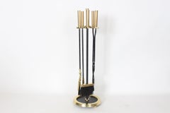 Mid Century Black Cast Iron & Brass Four Piece Fire Tool Set with Stand