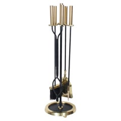 Mid Century Black Cast Iron & Brass Four Piece Fire Tool Set with Stand