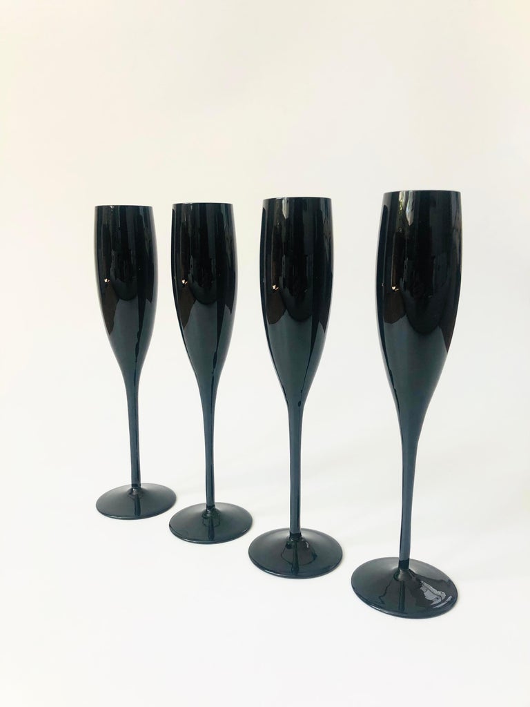 Glass Mid Century Black Champagne Flutes, Set of 4