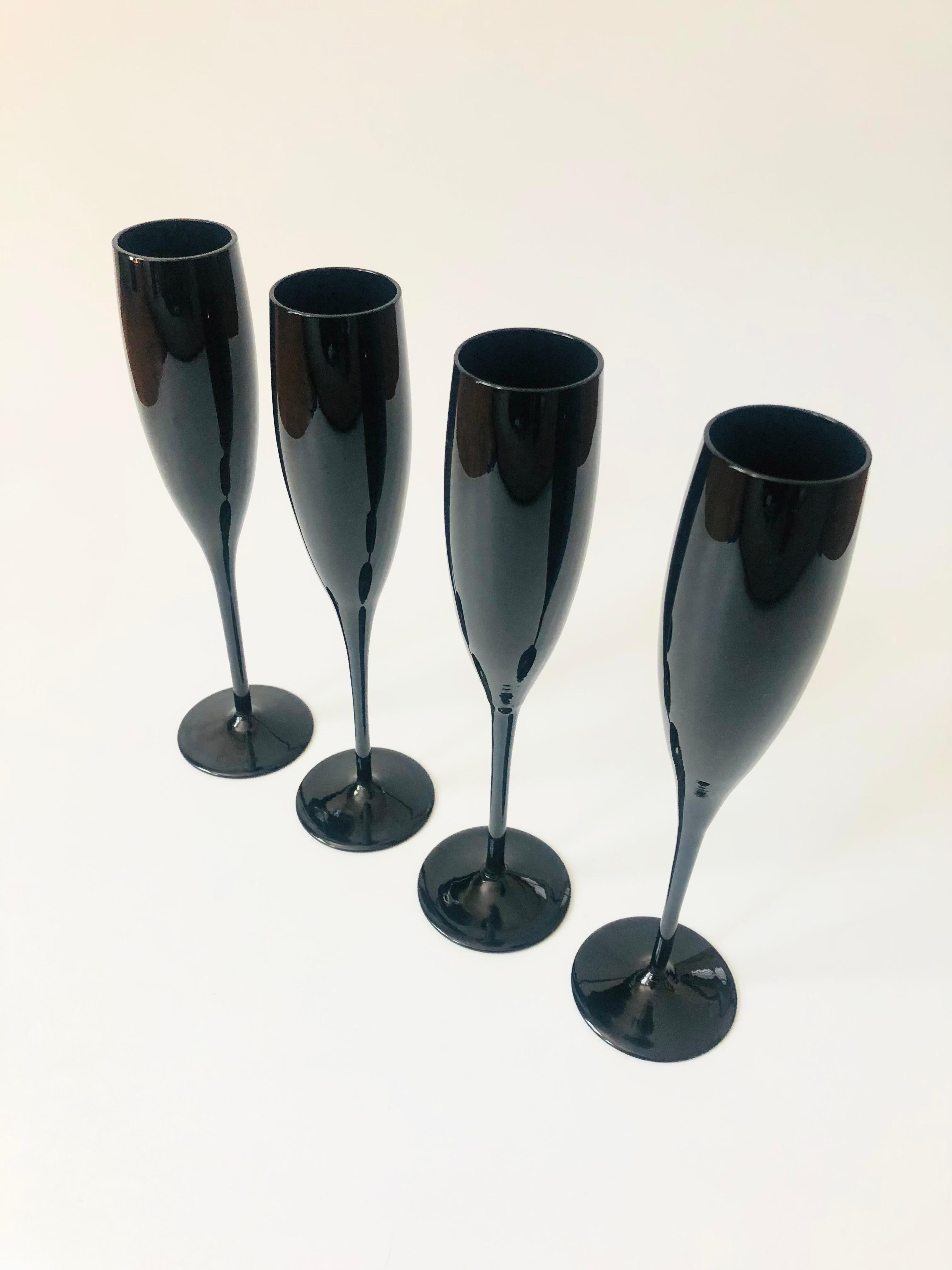 Glass Mid Century Black Champagne Flutes, Set of 4