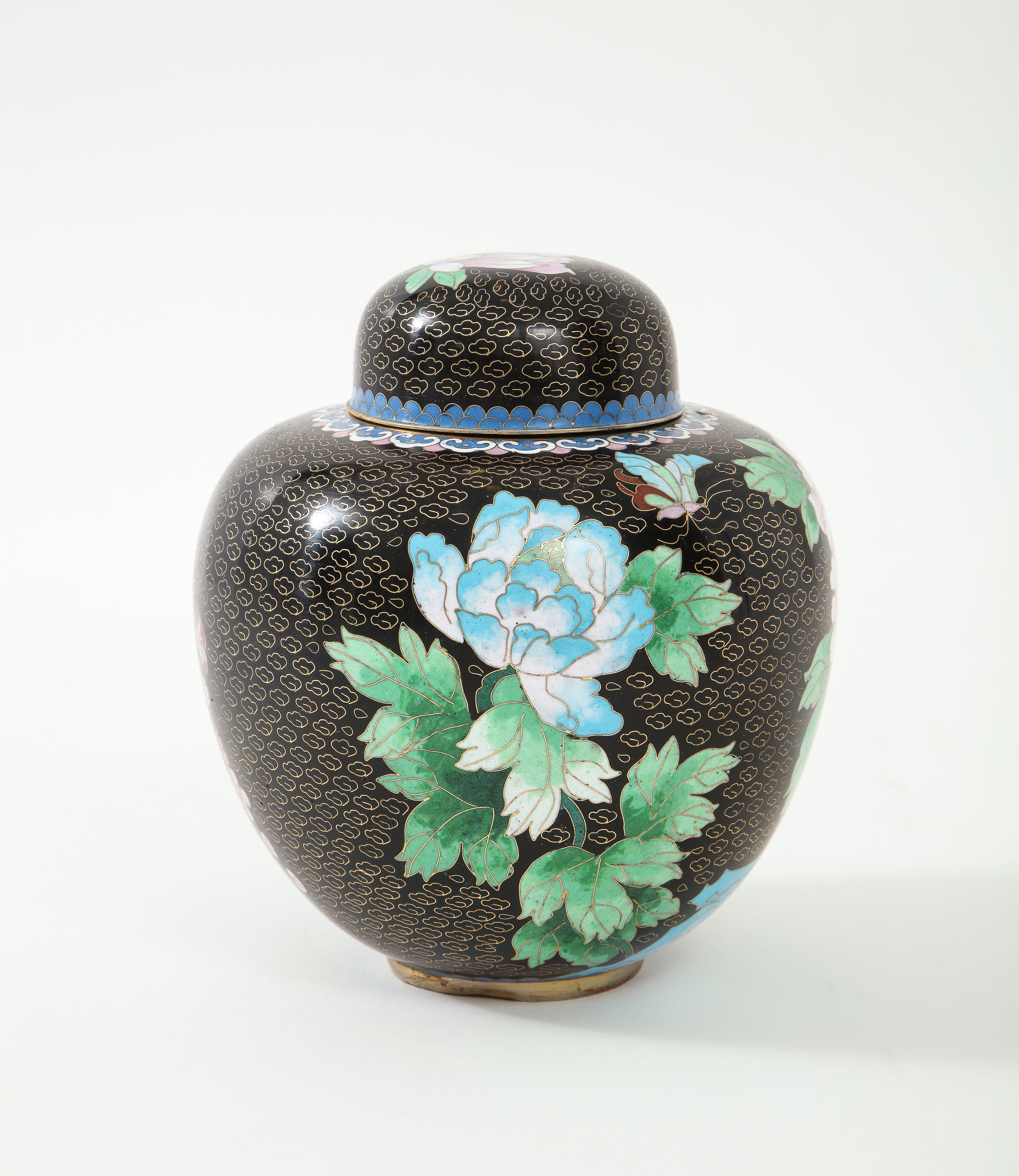 Chinese Export Mid Century Black cloisonne ginger jar featuring large scale chrysanthemum flower. Hand Made.