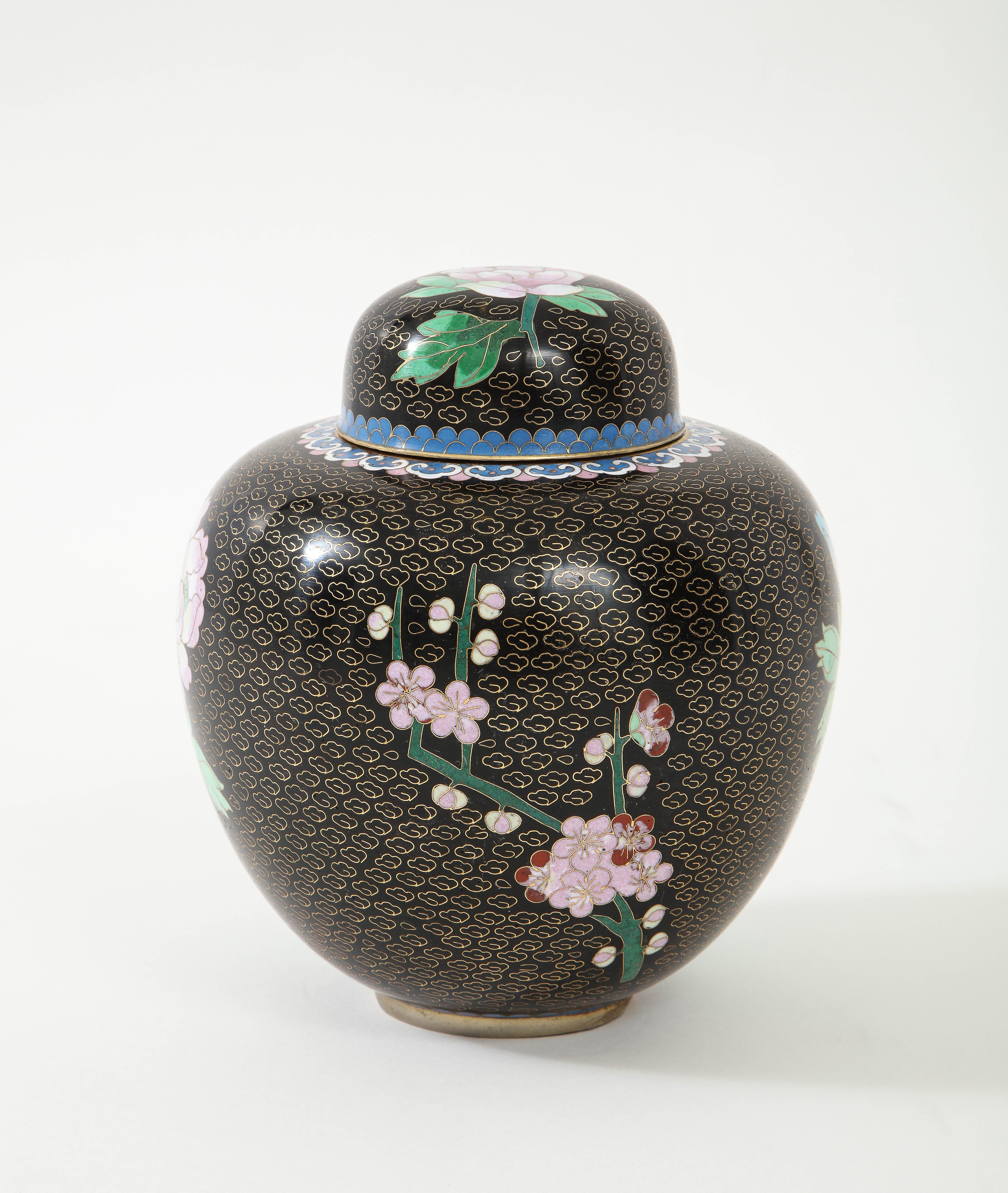 Chinese Mid Century Black Cloisonne Ginger Jar For Sale