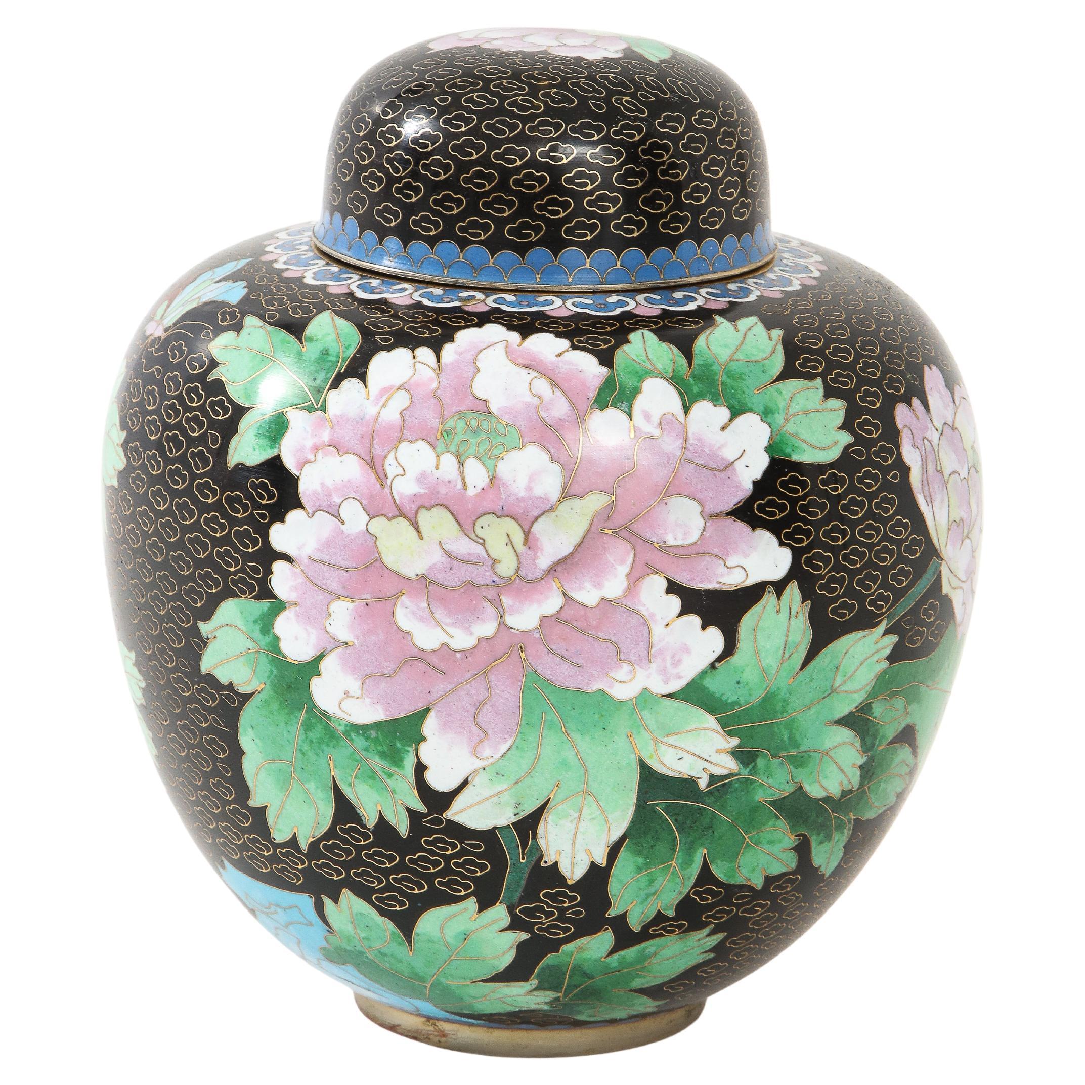 Mid Century Black Cloisonne Ginger Jar For Sale