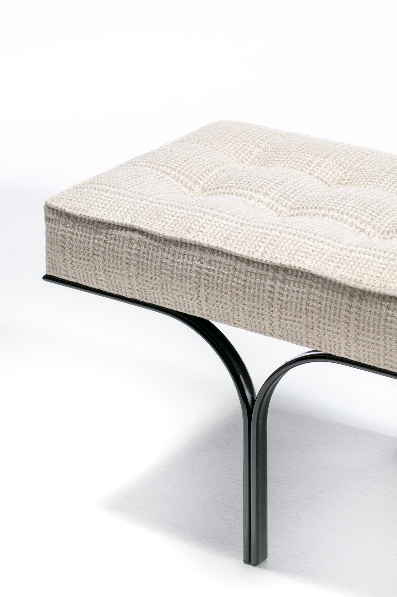 Mid Century Black Enameled Metal Bench with Tufted Gold & Ivory Upholstery For Sale 4