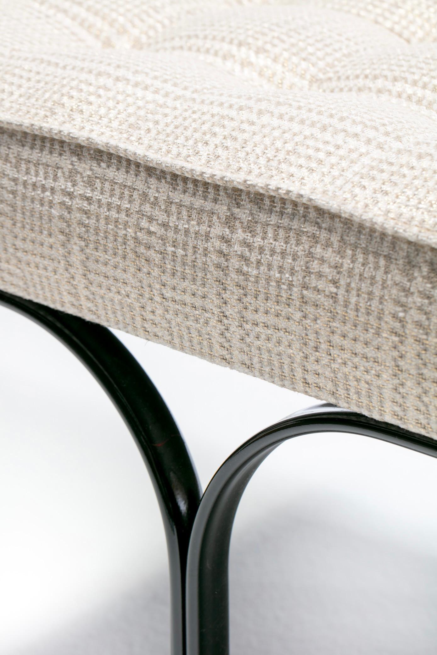 Mid Century Black Enameled Metal Bench with Tufted Gold & Ivory Upholstery For Sale 5