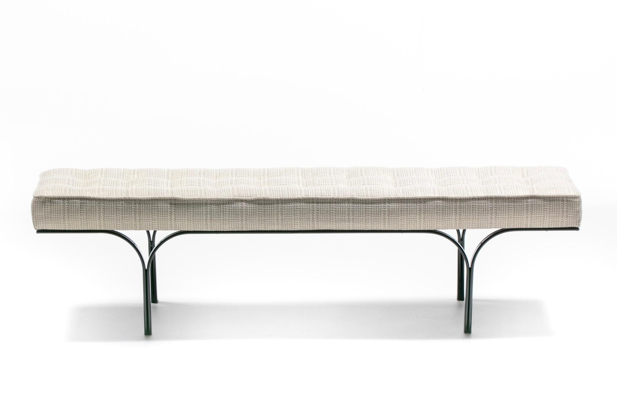Mid Century Black Enameled Metal Bench with Tufted Gold & Ivory Upholstery For Sale 7