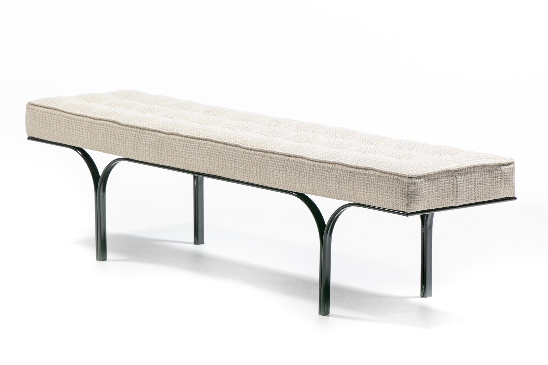 Subtle elegance delivered with this fully restored mid century modern Milo Baughman style bench. Sexy simple mid century modern lines. Clean. Airy. Tufted seat cushion floats atop metal legs like a well made bridge. Architectural silhouette with a