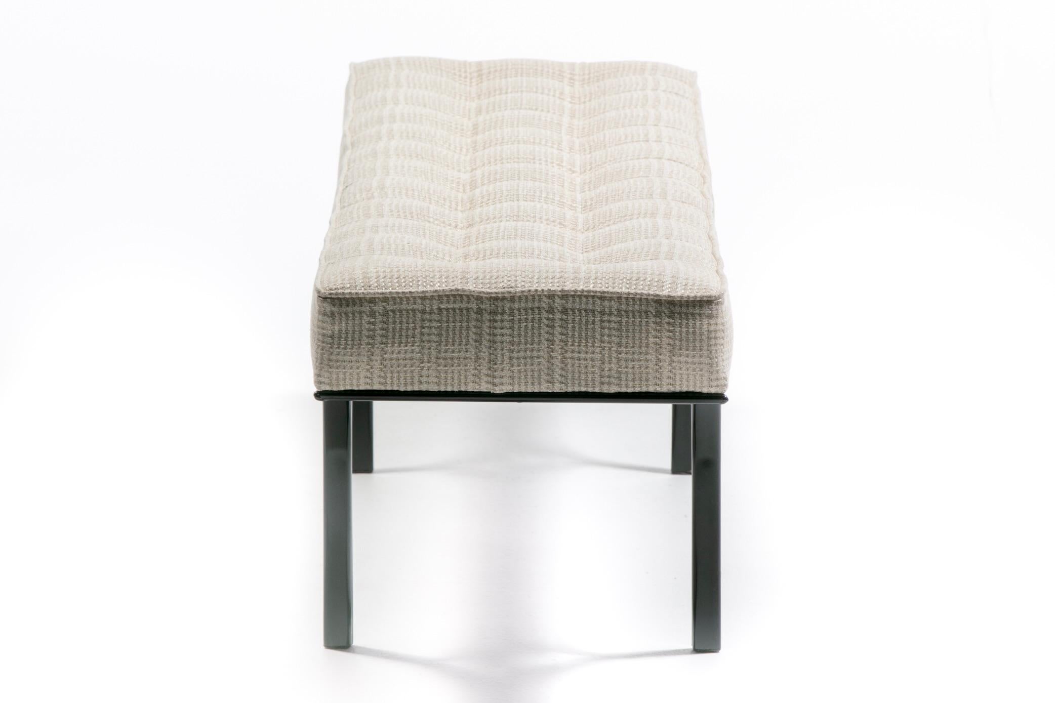 Mid-Century Modern Mid Century Black Enameled Metal Bench with Tufted Gold & Ivory Upholstery For Sale