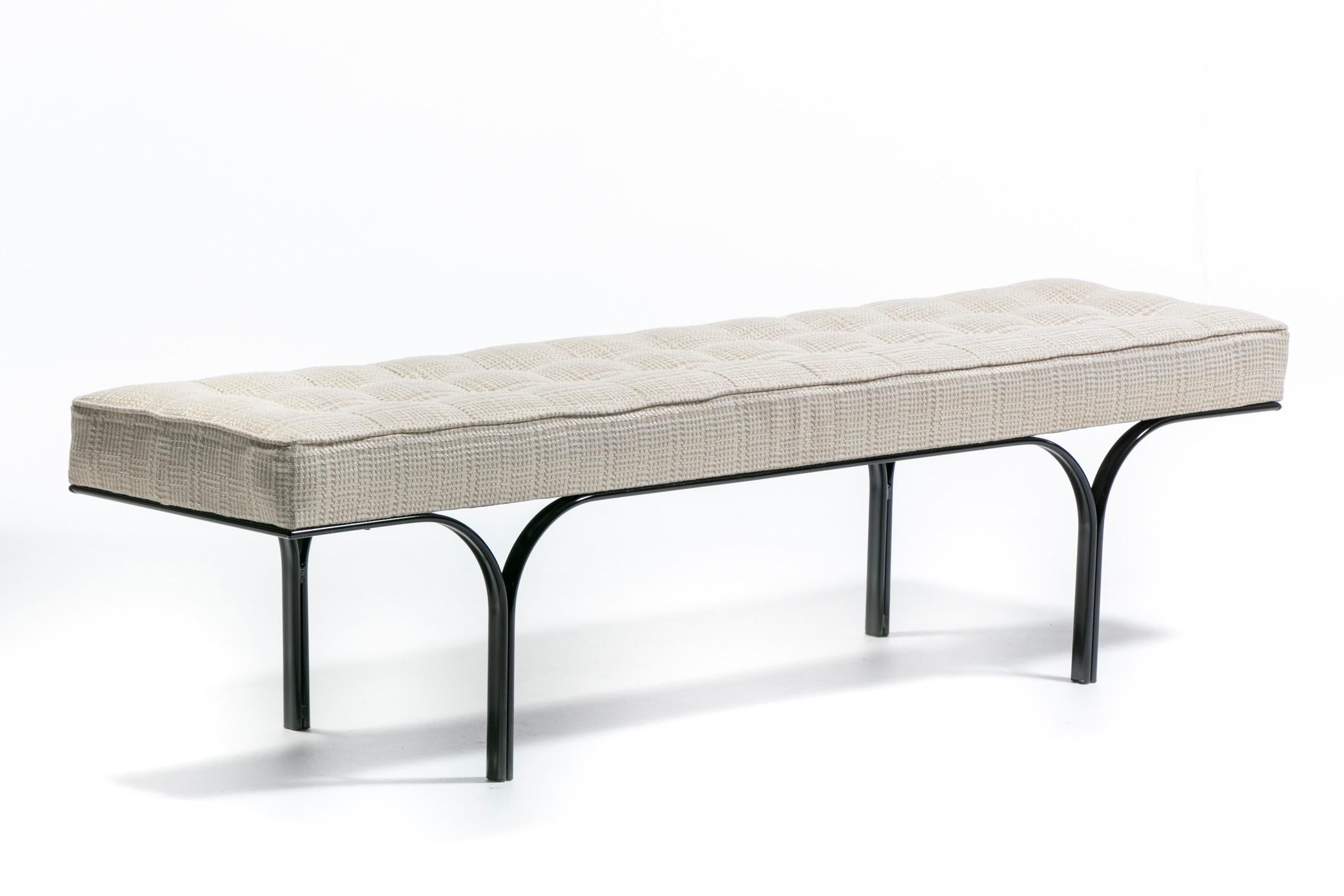 American Mid Century Black Enameled Metal Bench with Tufted Gold & Ivory Upholstery For Sale