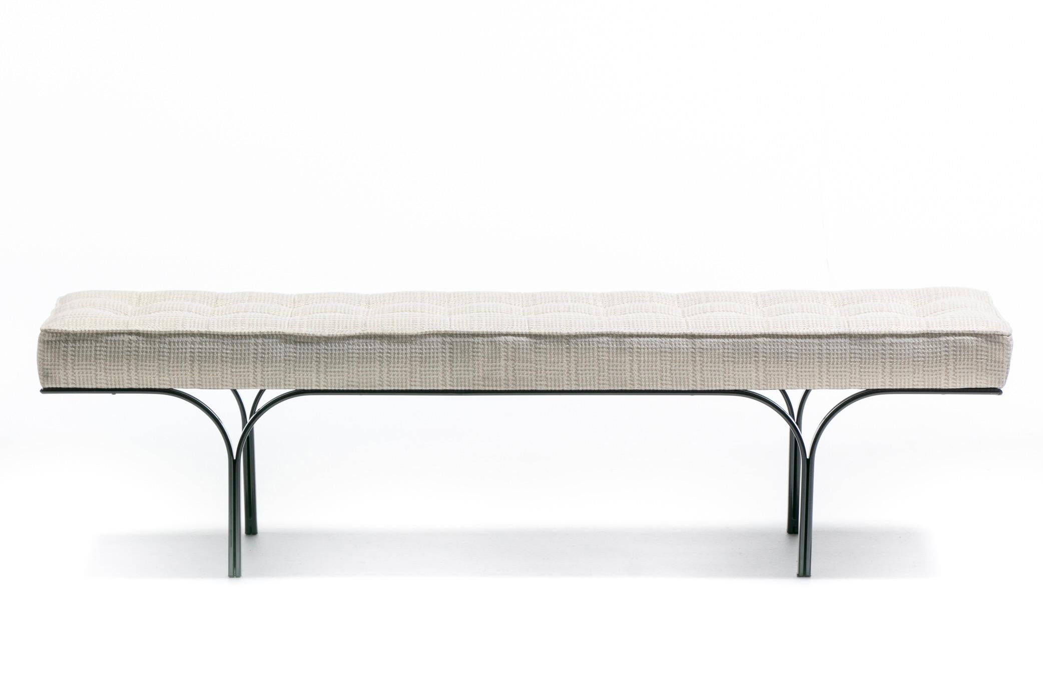 Mid Century Black Enameled Metal Bench with Tufted Gold & Ivory Upholstery In Good Condition For Sale In Saint Louis, MO