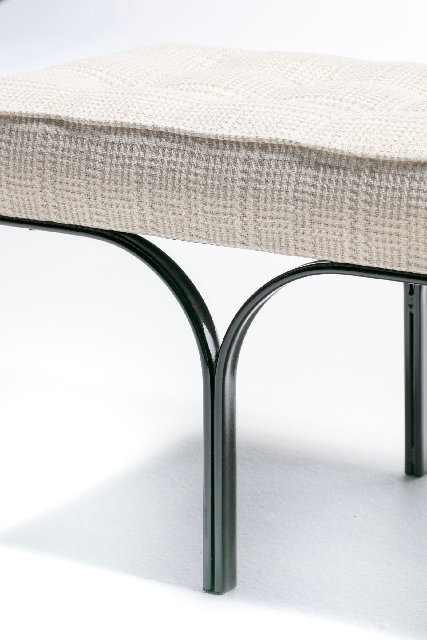 Mid Century Black Enameled Metal Bench with Tufted Gold & Ivory Upholstery For Sale 2