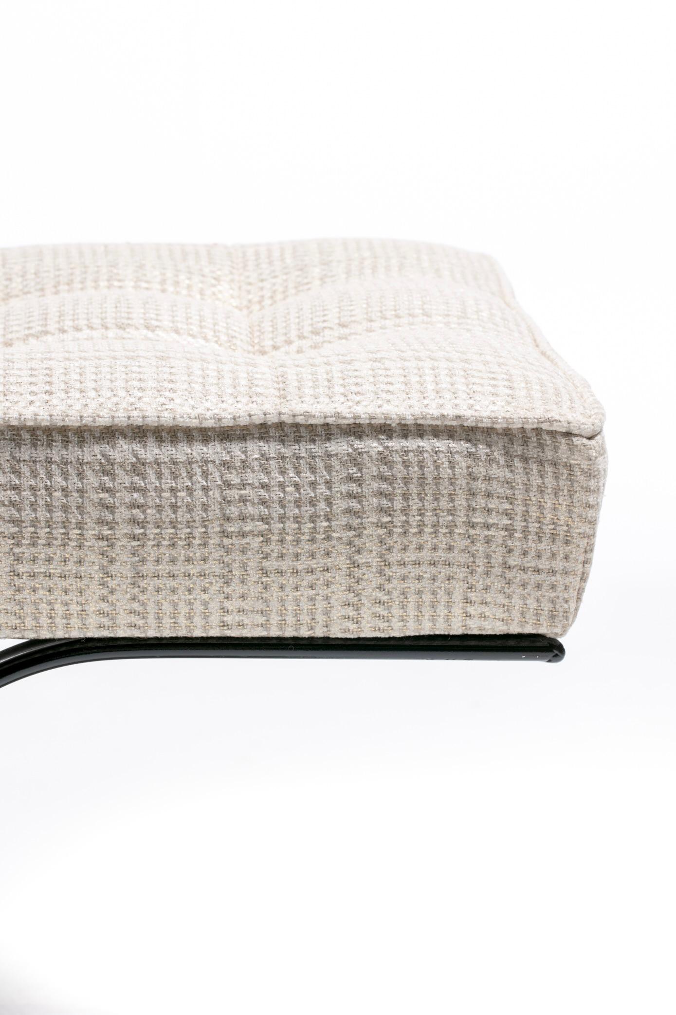 Mid Century Black Enameled Metal Bench with Tufted Gold & Ivory Upholstery For Sale 3
