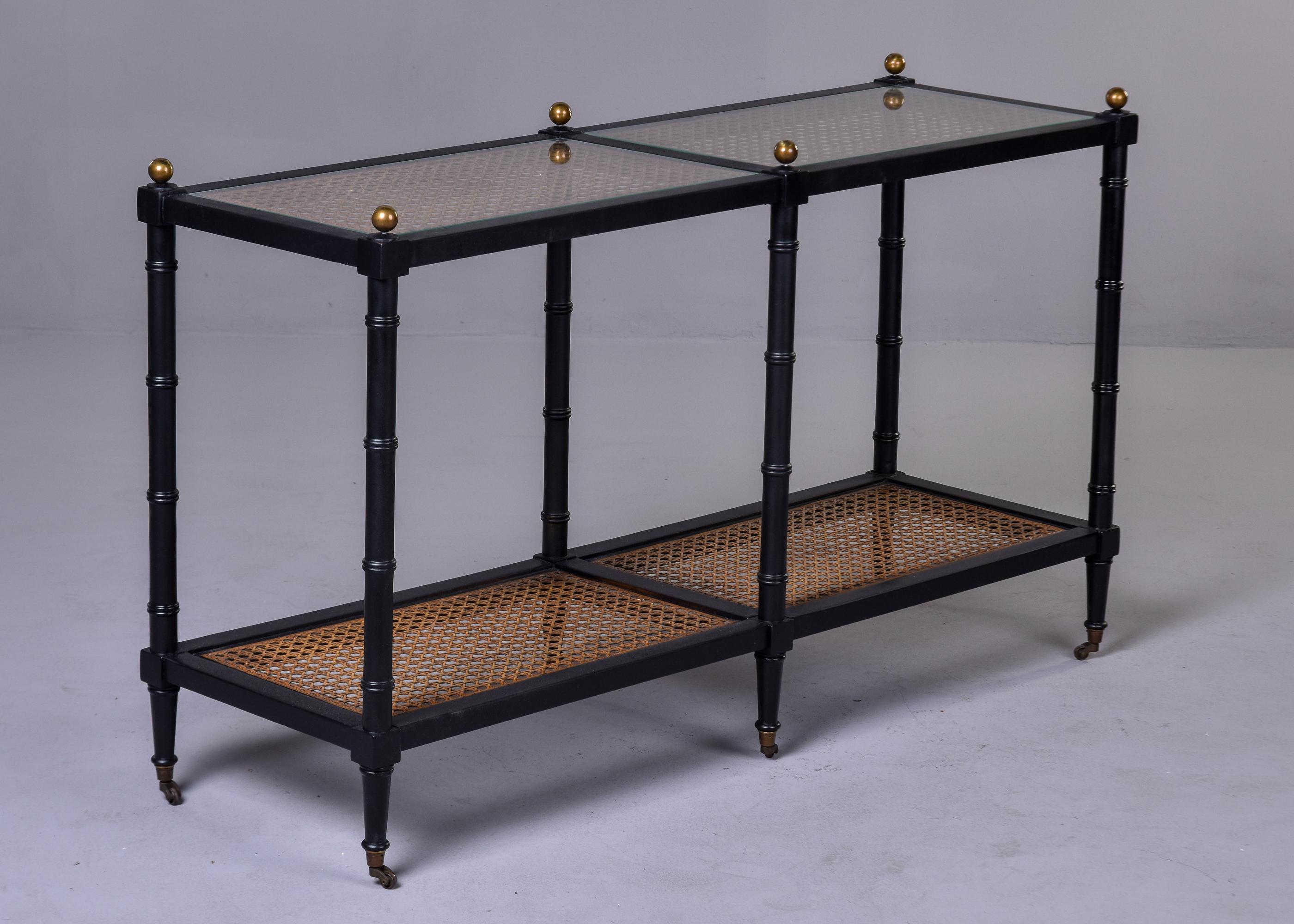 Mid-Century, Black Faux Bamboo and Caning Two Tier Console on Casters  3