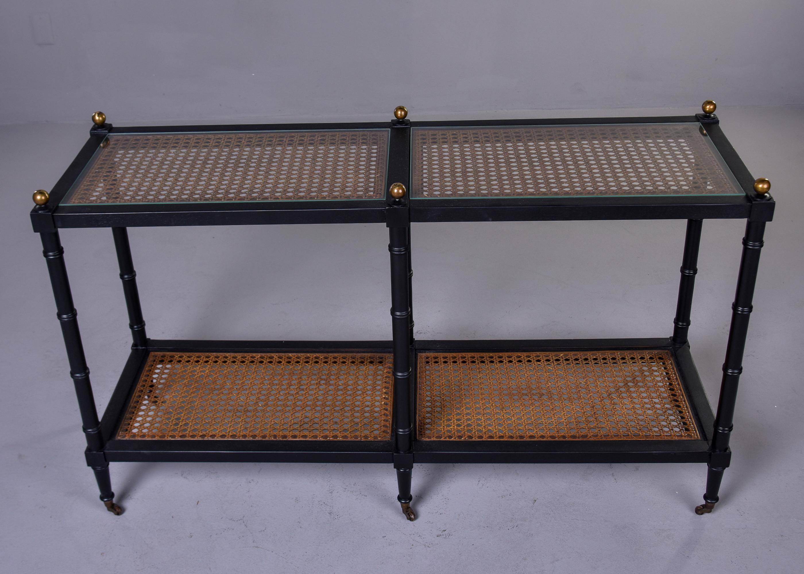 Chinoiserie Mid-Century, Black Faux Bamboo and Caning Two Tier Console on Casters 