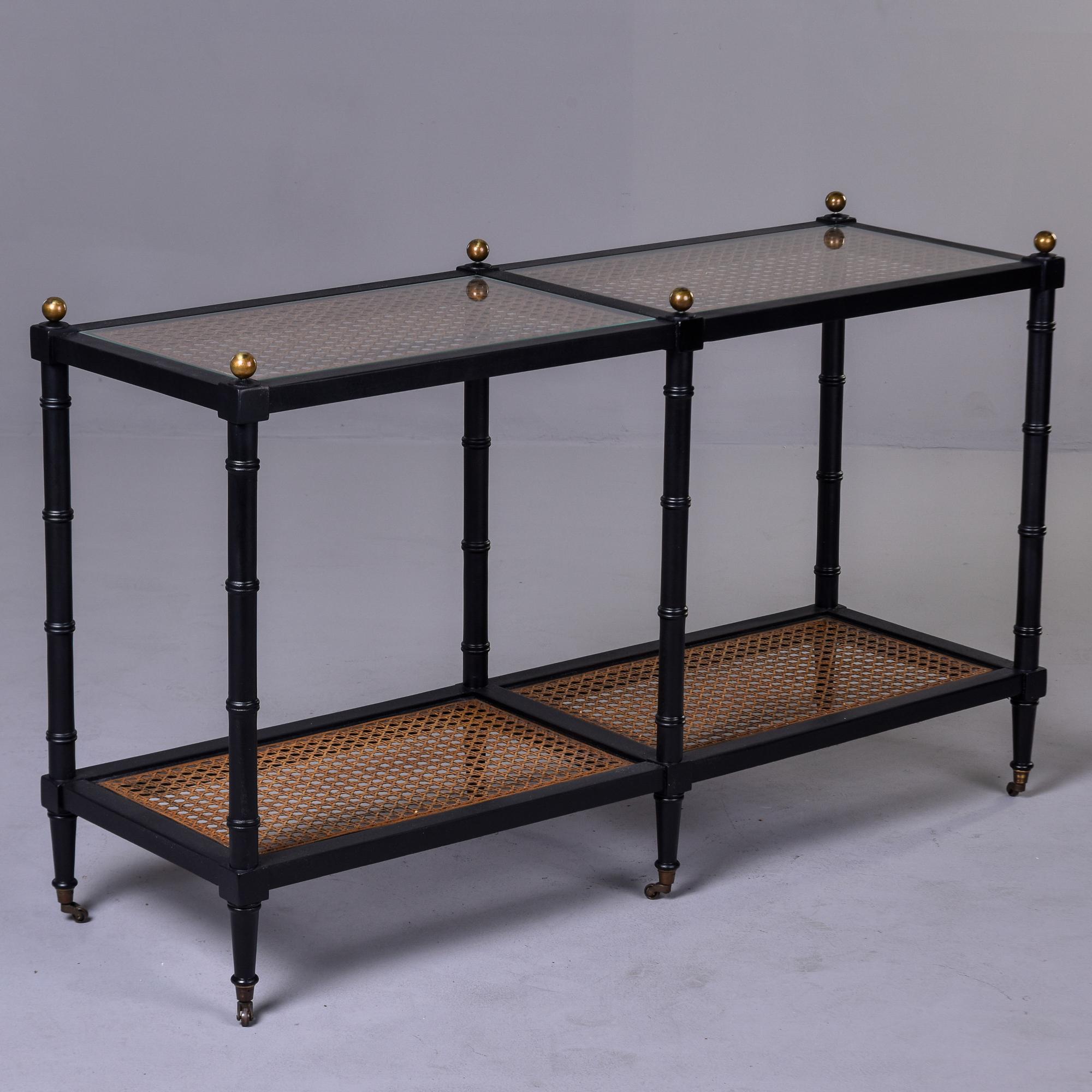 20th Century Mid-Century, Black Faux Bamboo and Caning Two Tier Console on Casters 
