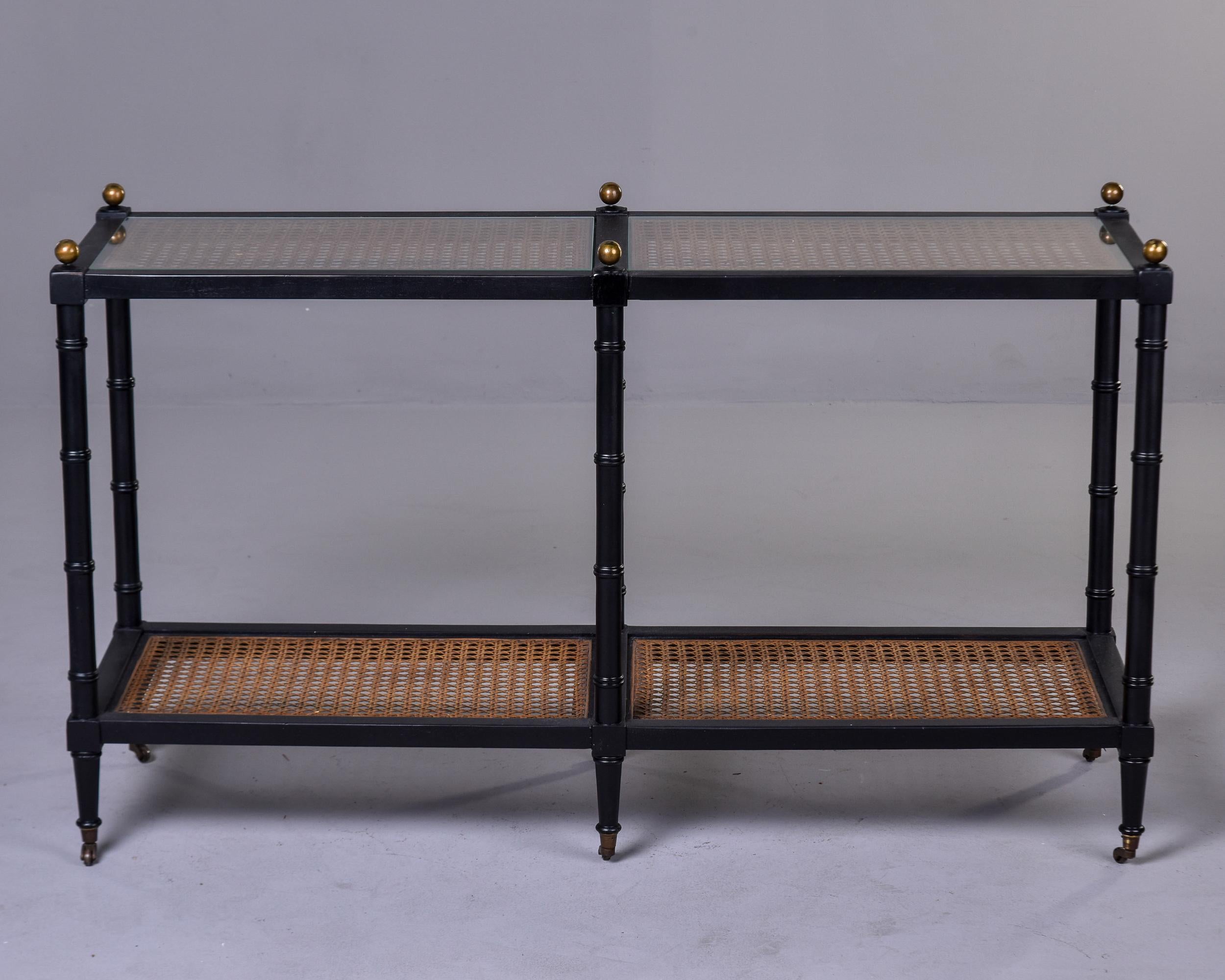 Brass Mid-Century, Black Faux Bamboo and Caning Two Tier Console on Casters 