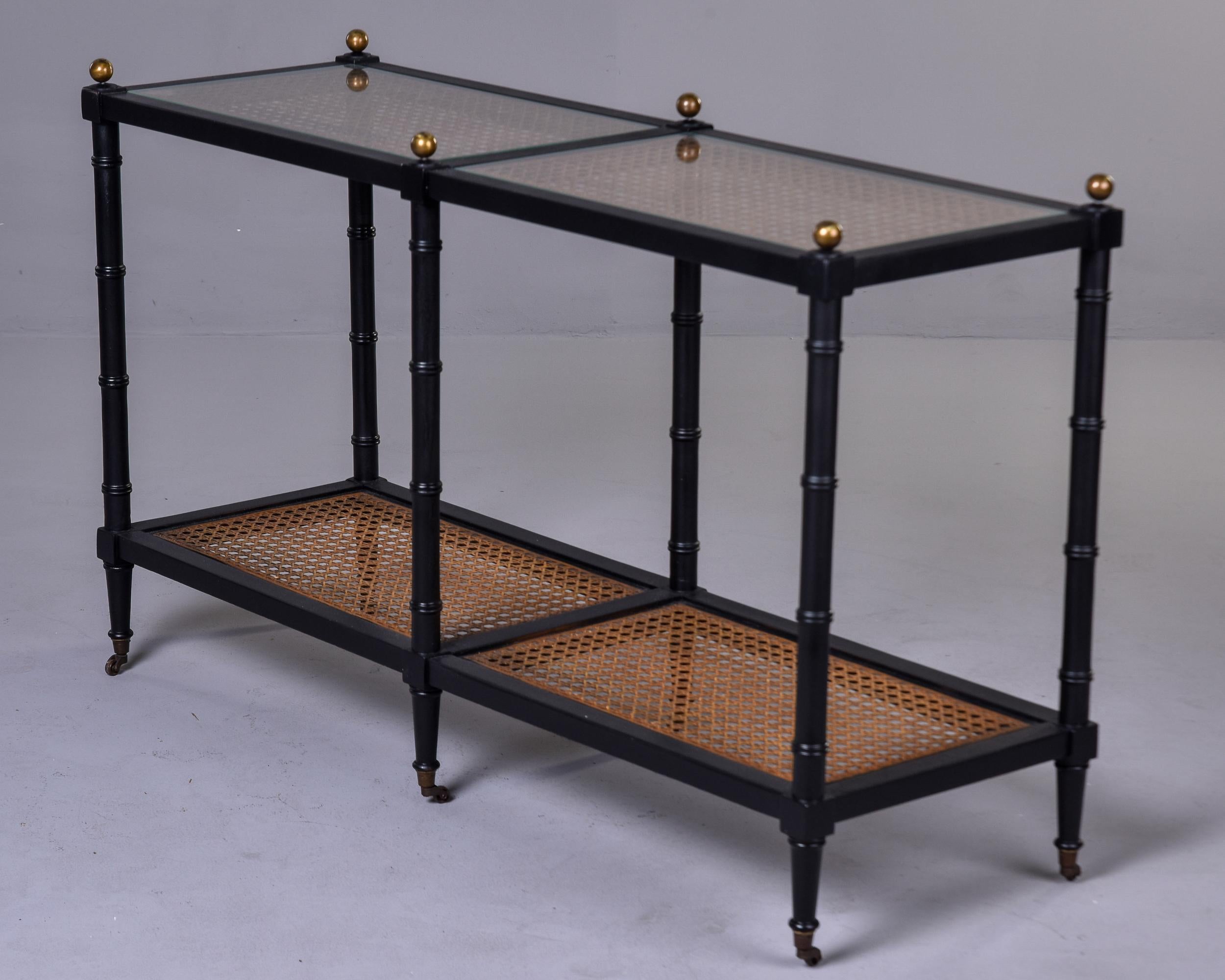 Mid-Century, Black Faux Bamboo and Caning Two Tier Console on Casters  1