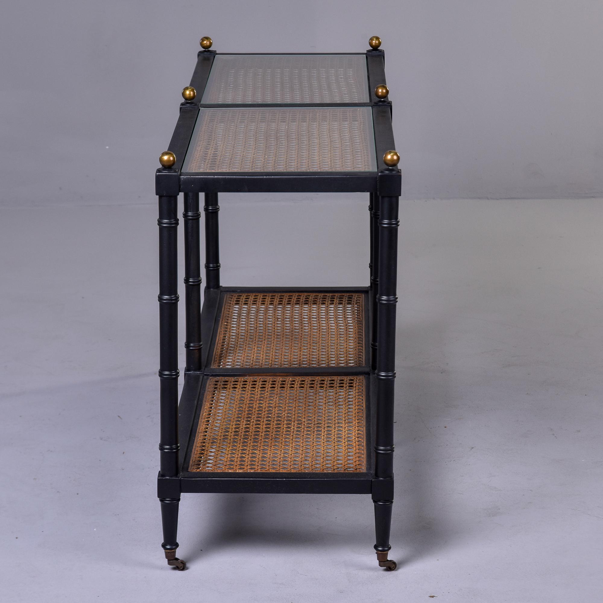 Mid-Century, Black Faux Bamboo and Caning Two Tier Console on Casters  2