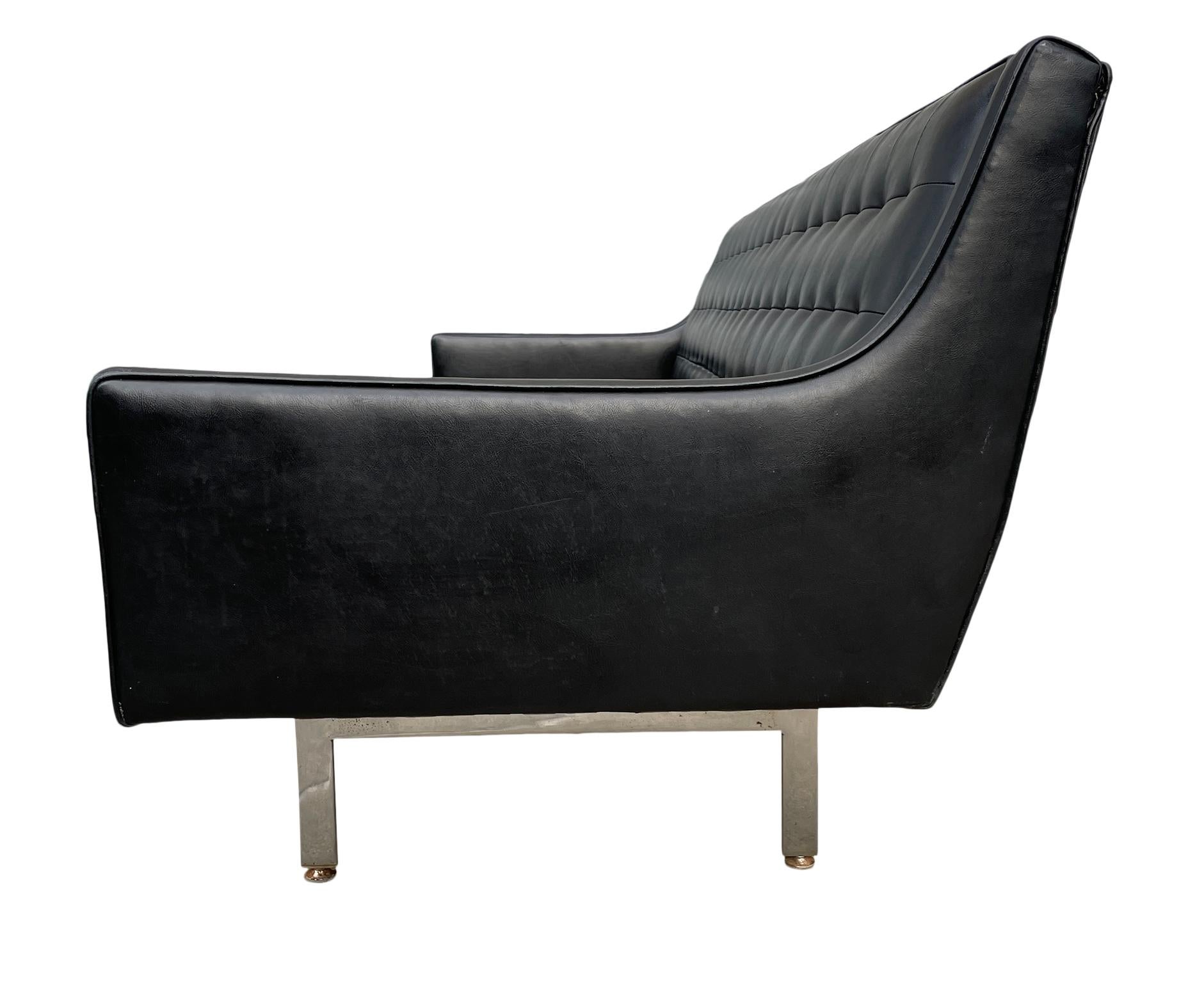 Mid Century Black Faux Leather Vinyl Tufted Long Low Sofa by Patrician 4