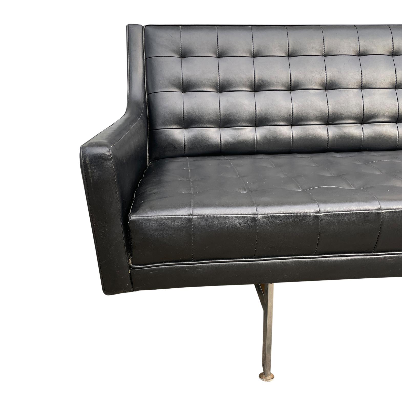 Mid-Century Modern Mid Century Black Faux Leather Vinyl Tufted Long Low Sofa by Patrician
