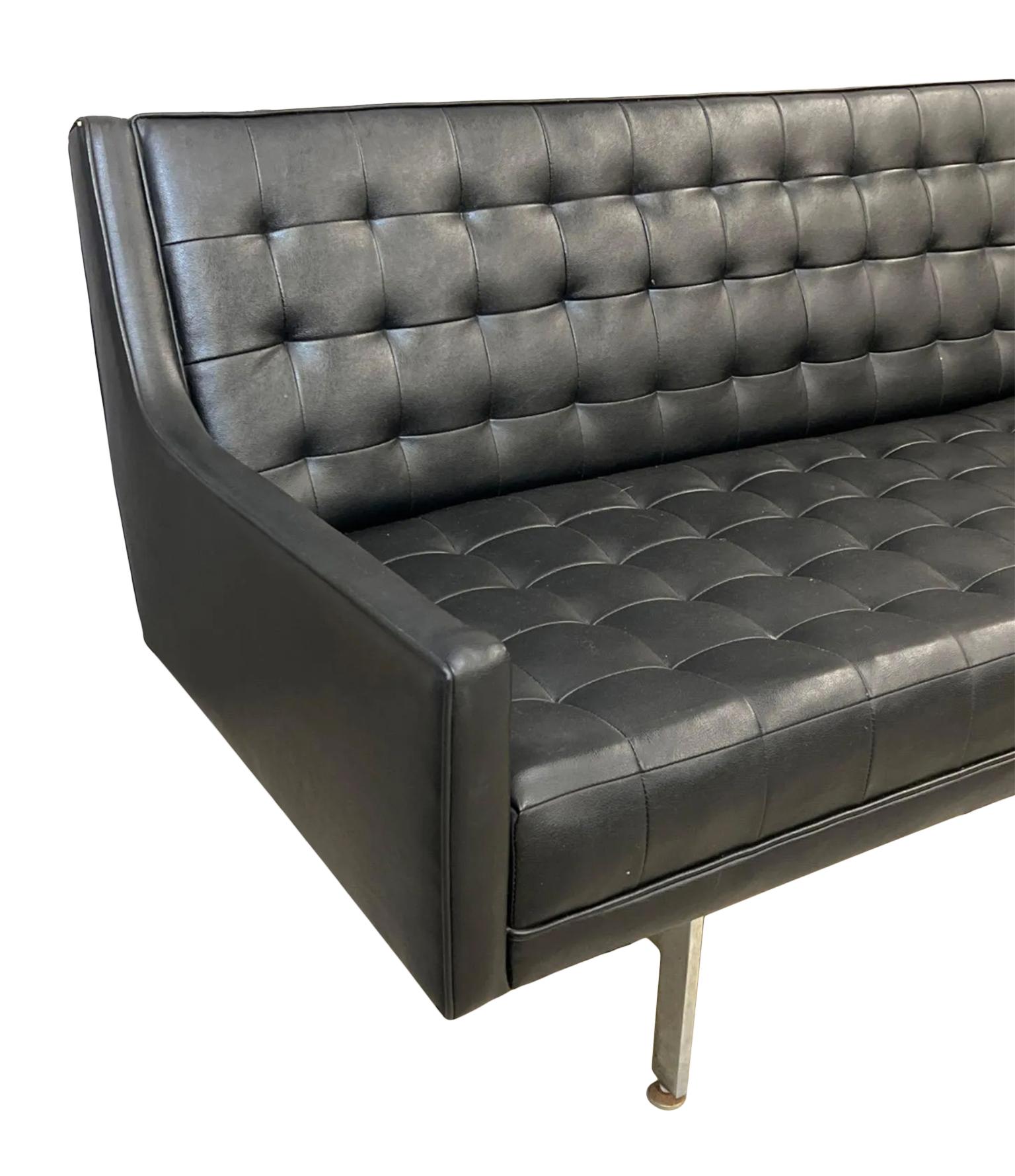 American Mid Century Black Faux Leather Vinyl Tufted Long Low Sofa by Patrician