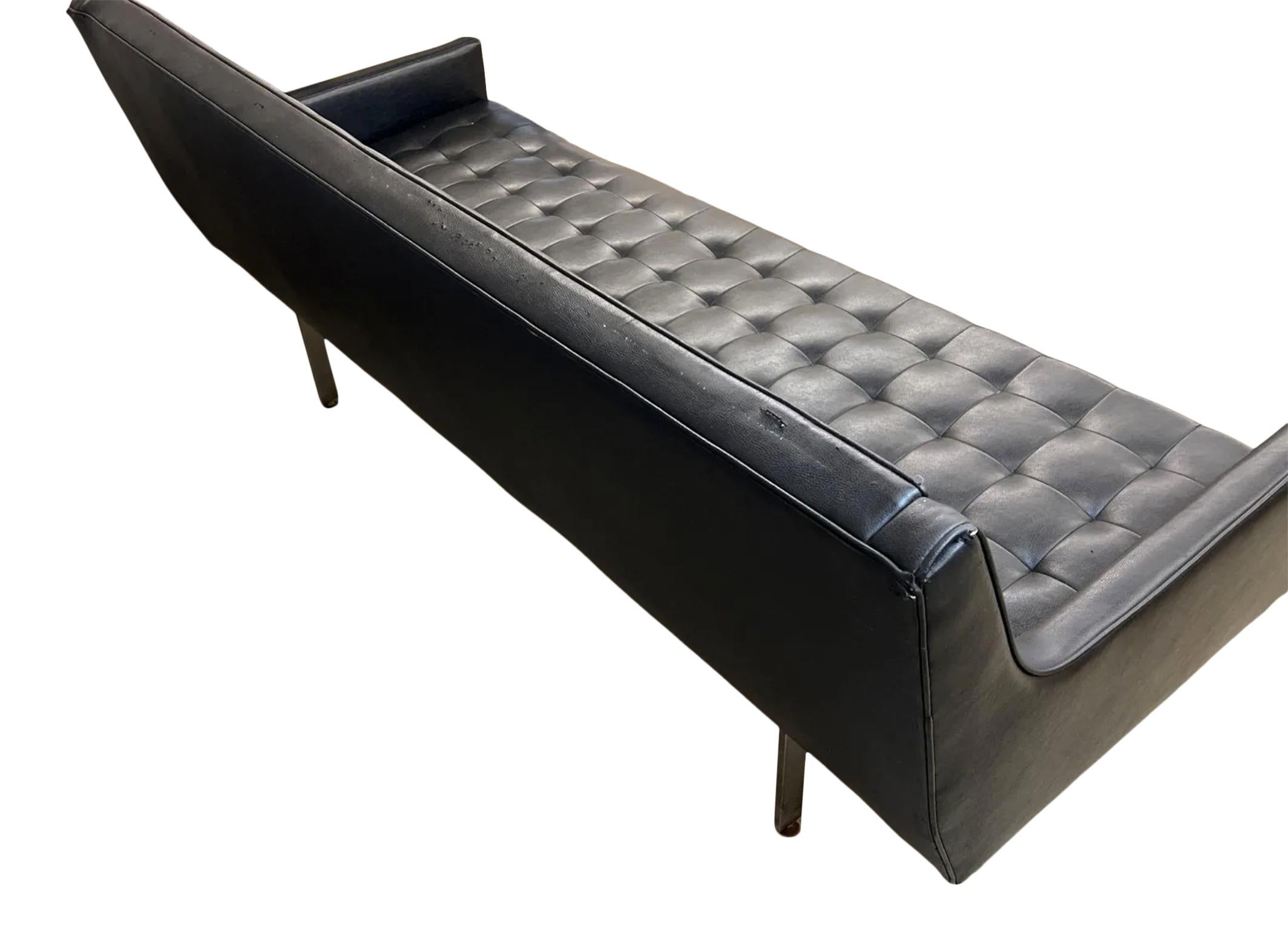 Mid Century Black Faux Leather Vinyl Tufted Long Low Sofa by Patrician In Good Condition In BROOKLYN, NY
